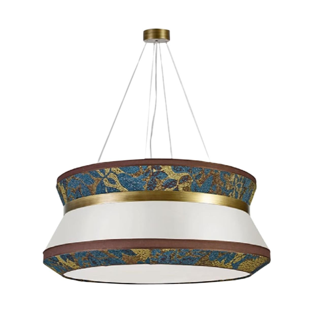 Stylish Ceiling Lamp with Shade in Fabric and Metal frame in Burnished Brass