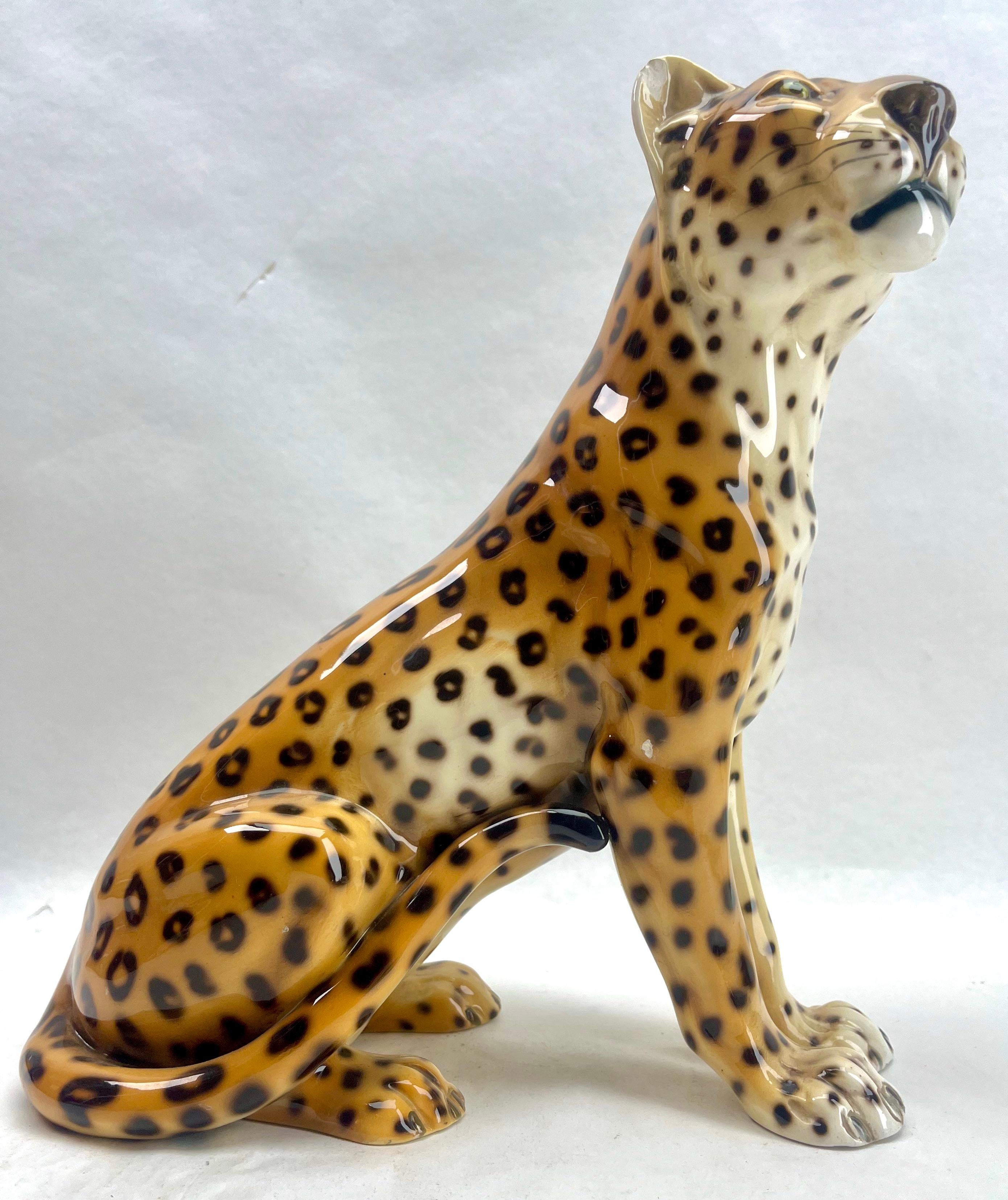 Stilvolle glasierte, handbemalte Leoparden-Skulptur aus Keramik Ronzan, signiert, Italien, 1950er Jahre 1