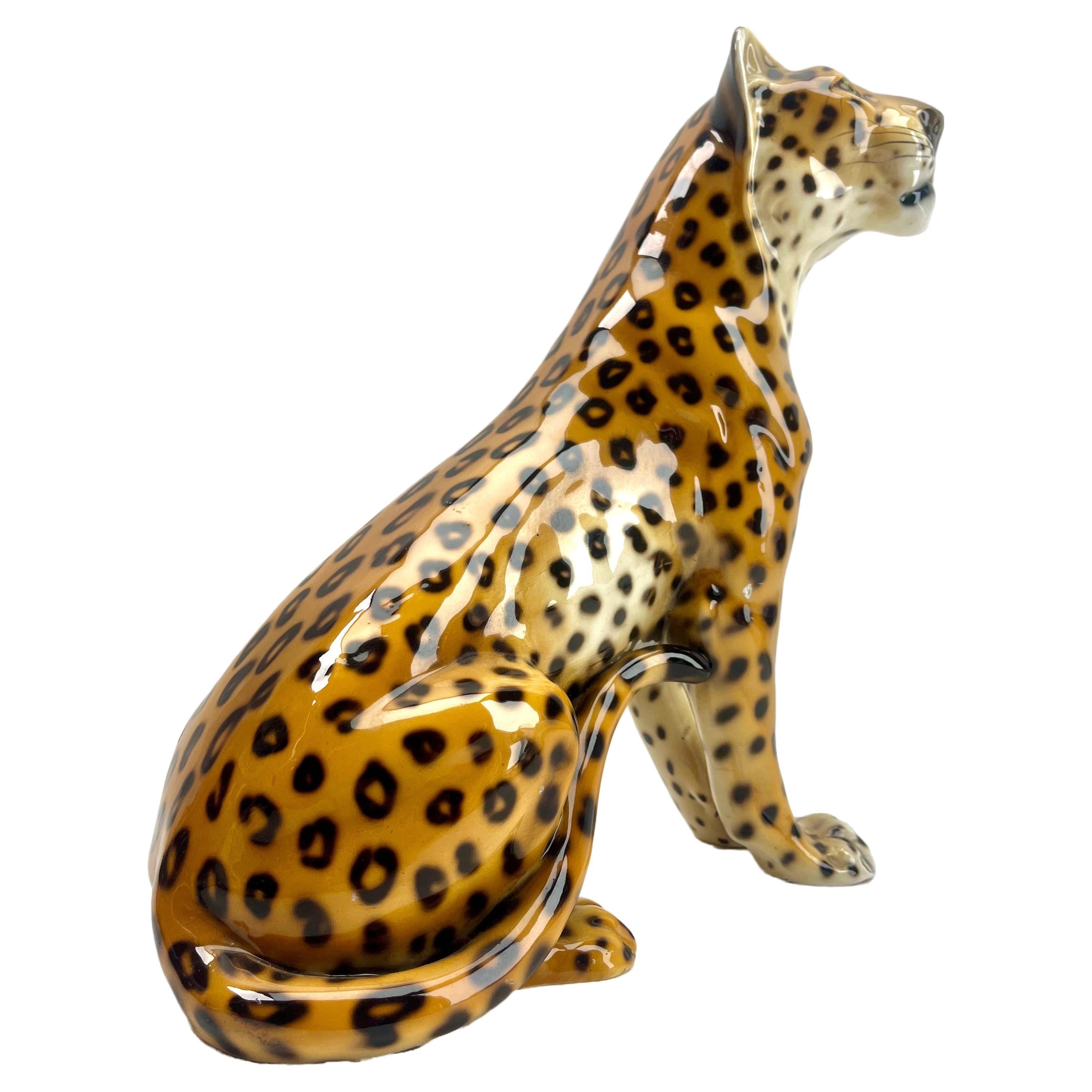 Stylish Ceramic Glazed Handpainted leopard Sculpture Ronzan Signed, Italy, 1950s For Sale