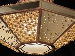 Stylish Chandelier with Frame Metal Mesh and Decorative Insert in Brass