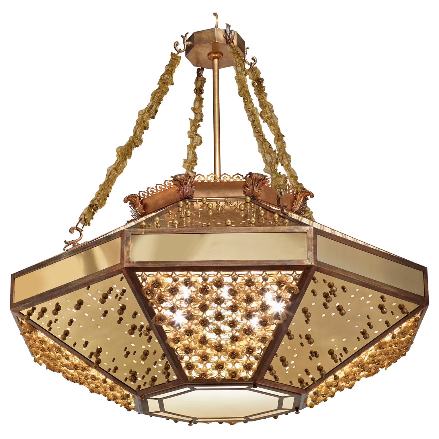 Stylish Chandelier with Frame Metal Mesh and Decorative Insert in Brass