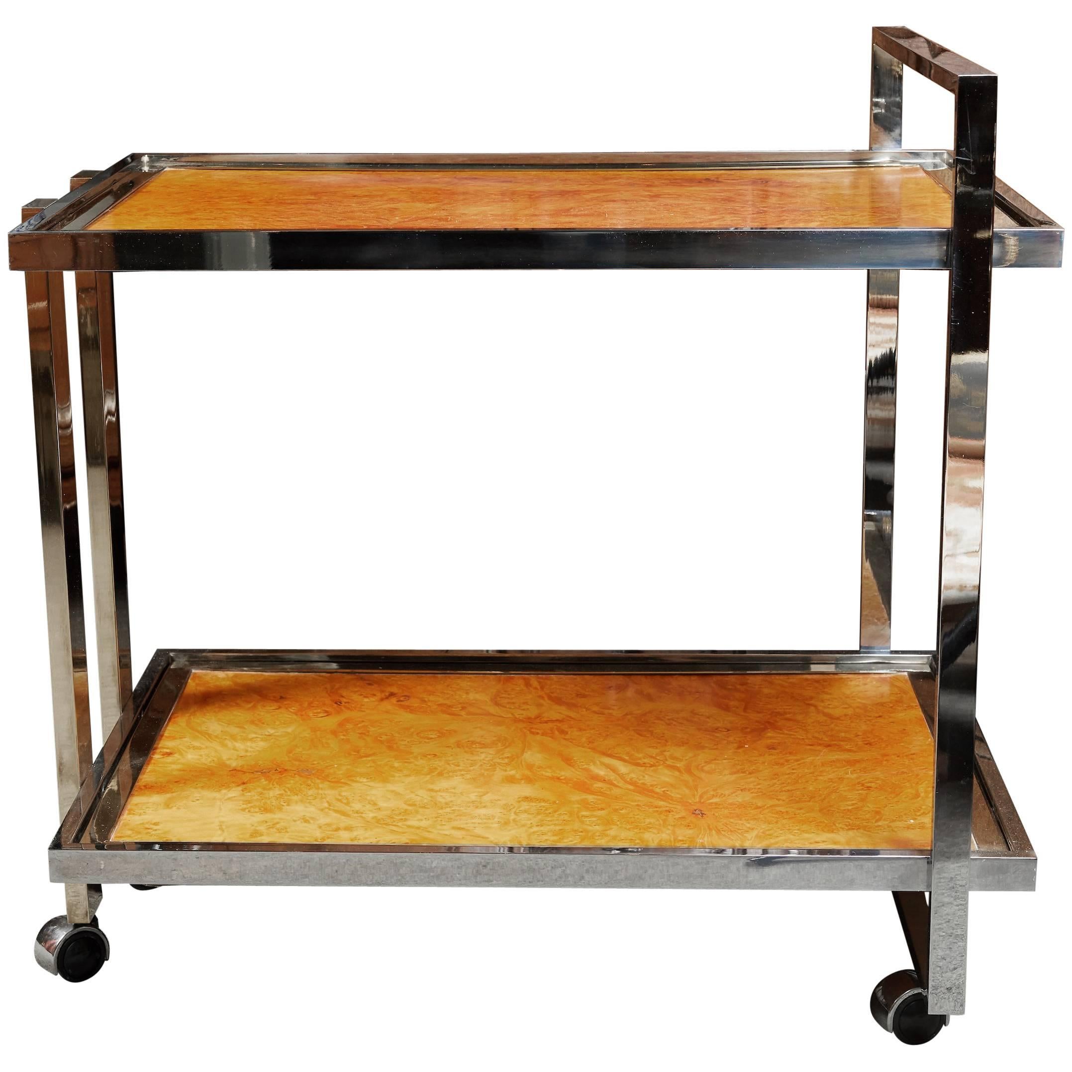 Stylish Chrome and Burl Wood Bar Cart by Willy Rizzo For Sale