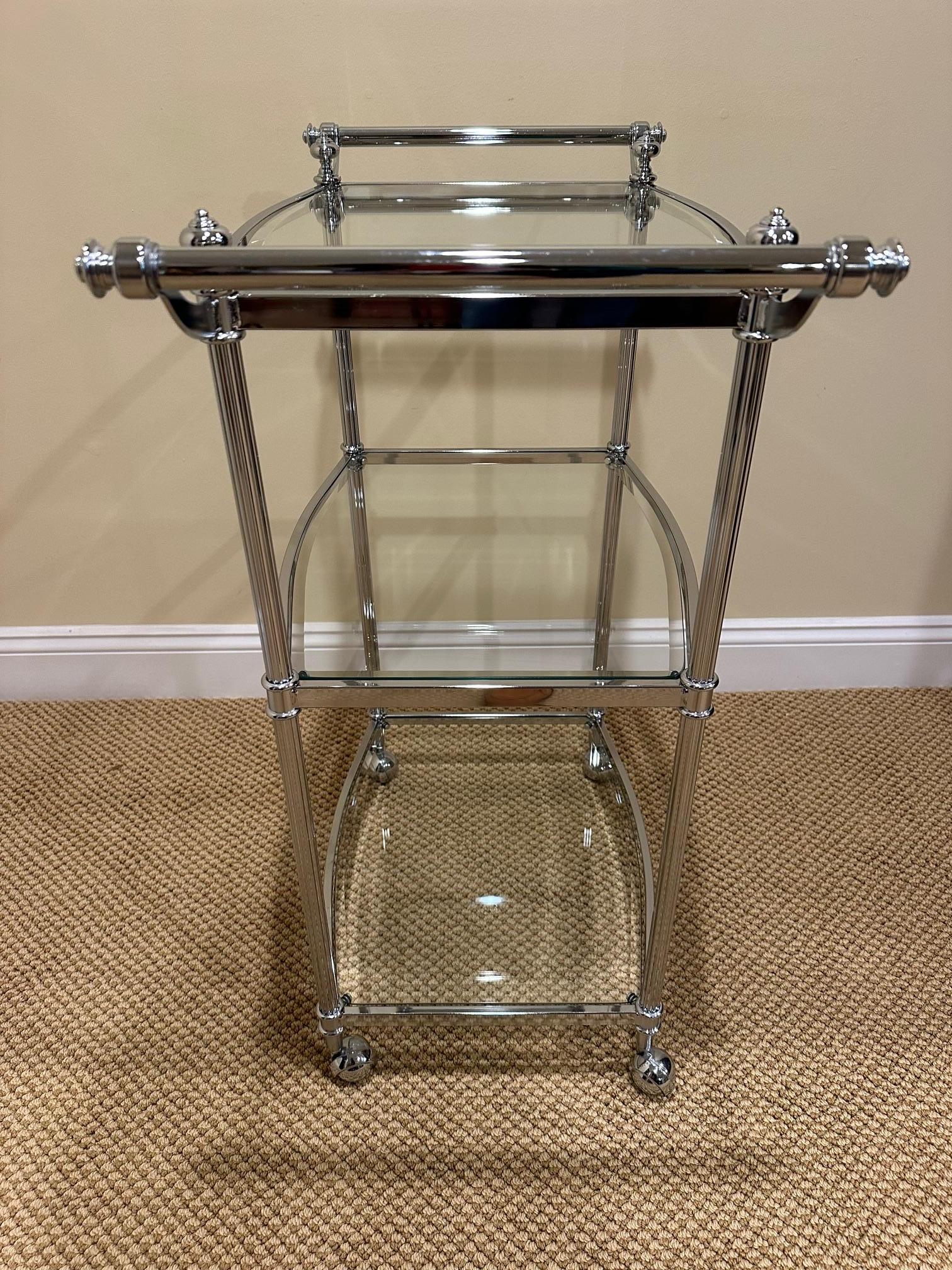 Stylish Chrome & Glass 3 Tiered Bar Cart In Good Condition For Sale In Hopewell, NJ