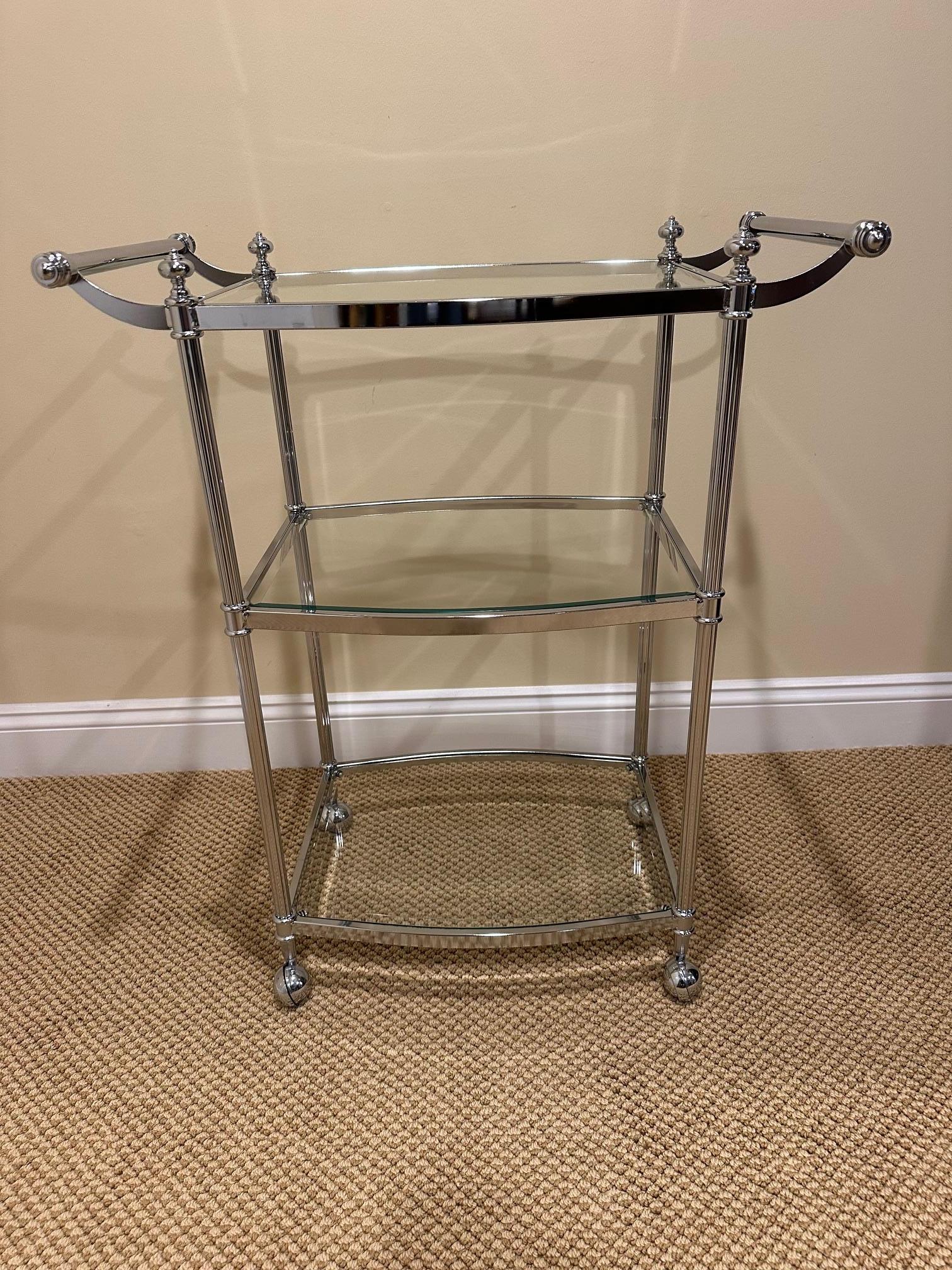 Stylish Chrome & Glass 3 Tiered Bar Cart For Sale 4