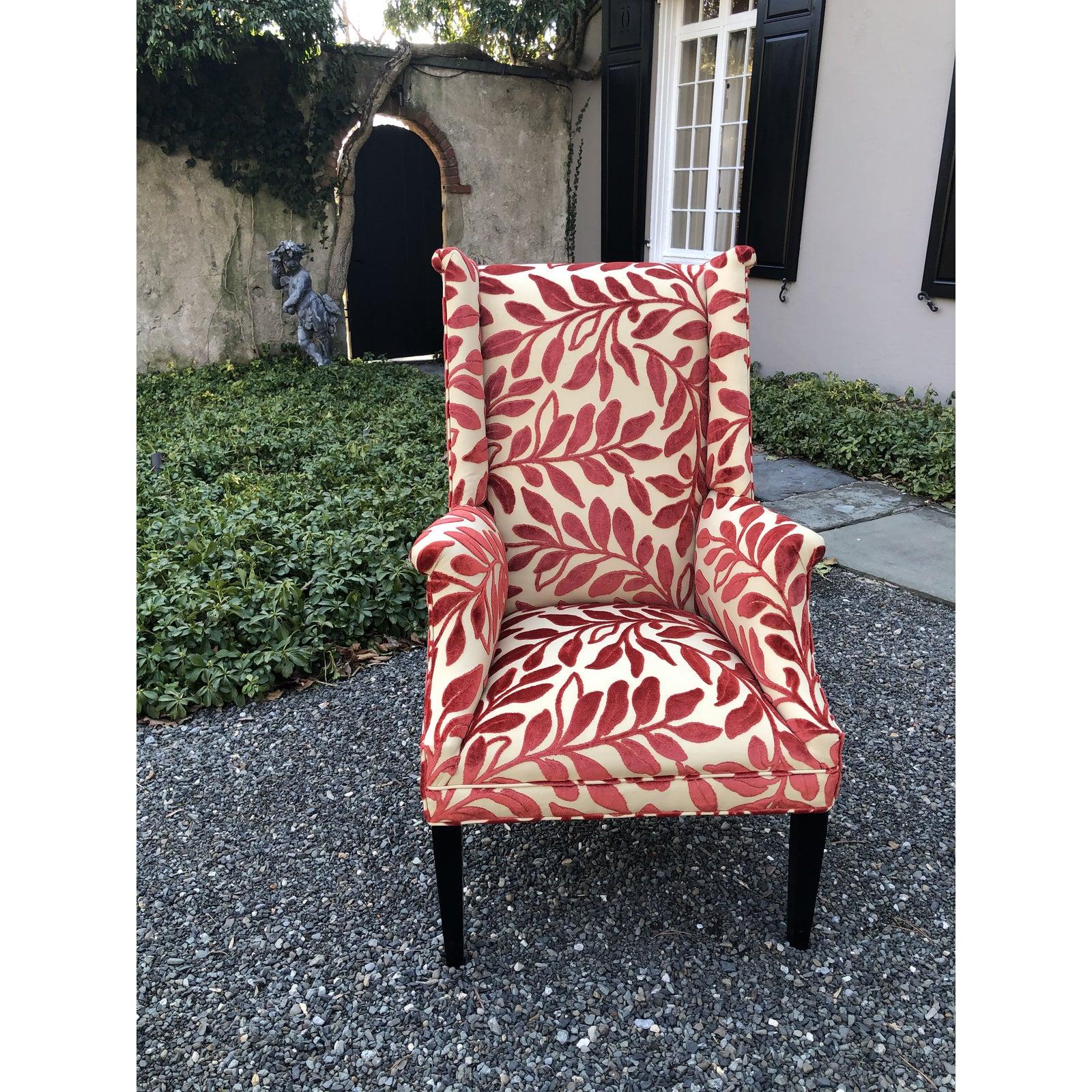 cream linen upholstered wing chair