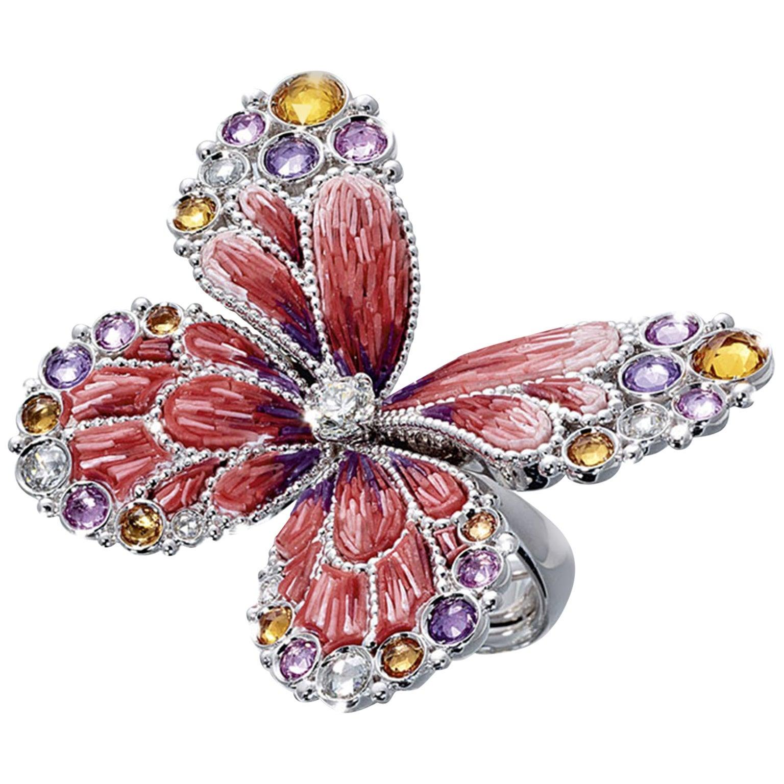 For Sale:  Stylish Cocktail Ring White Diamonds White Gold Multicolor Sapphires Micromosaic