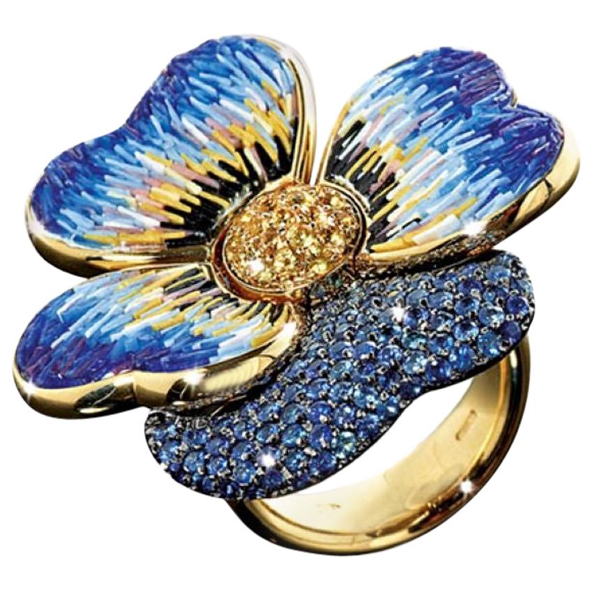 Stylish Cocktail Ring Yellow Gold Yellow & Blue Sapphires Decorated Micro Mosaic For Sale