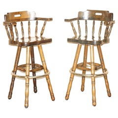 Stylish Comfortable Antique Pair of Captains Swivel Bar Kitchen Stool Armchairs