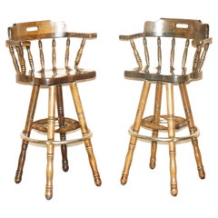 Stylish Comfortable Vintage Pair of Captains Swivel Bar Kitchen Stool Armchairs