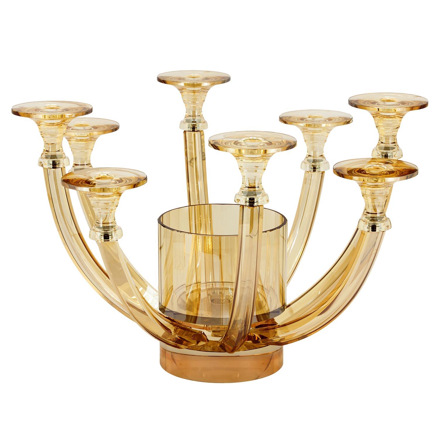 Stylish crystal vase-candlestick in amber color

Candlestick with a vase in the middle, 8 candleholder arms with a vase in the center, candleholder with screw fittings made entirely of crystal glass, champagne/amber color, Made in Italy

Italian