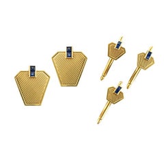 Stylish Cufflinks and 3pcs Stud Set in 14k Yellow Gold with Blue Sapphires