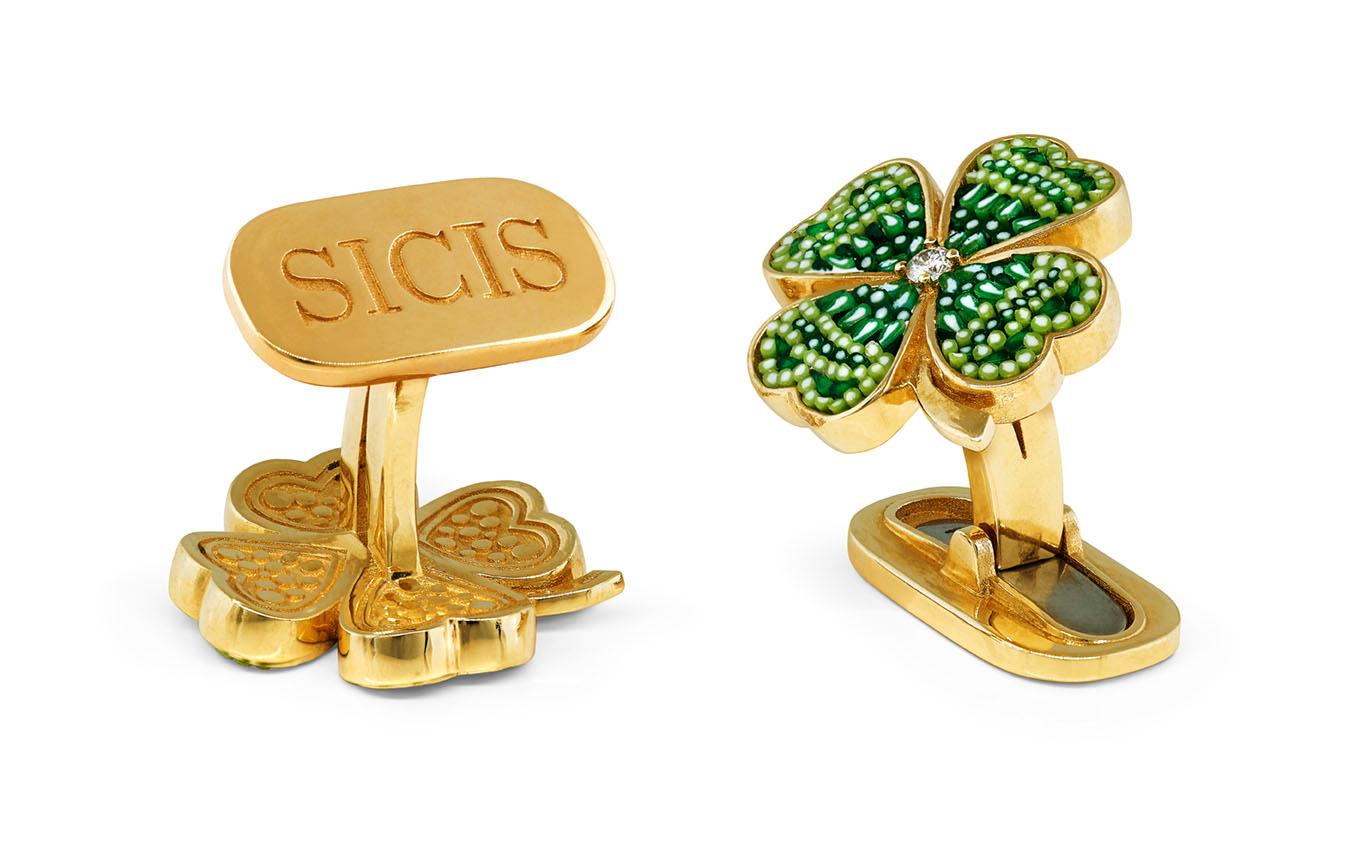 Contemporary Stylish Cufflinks Yellow Gold White Diamonds hand Decorated with MicroMosaic For Sale