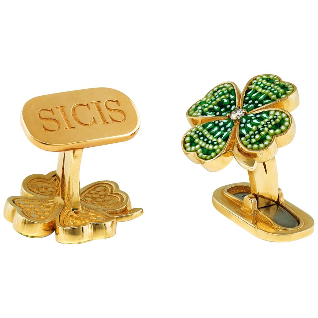 Stylish Cufflinks Yellow Gold White Diamonds hand Decorated with MicroMosaic For Sale