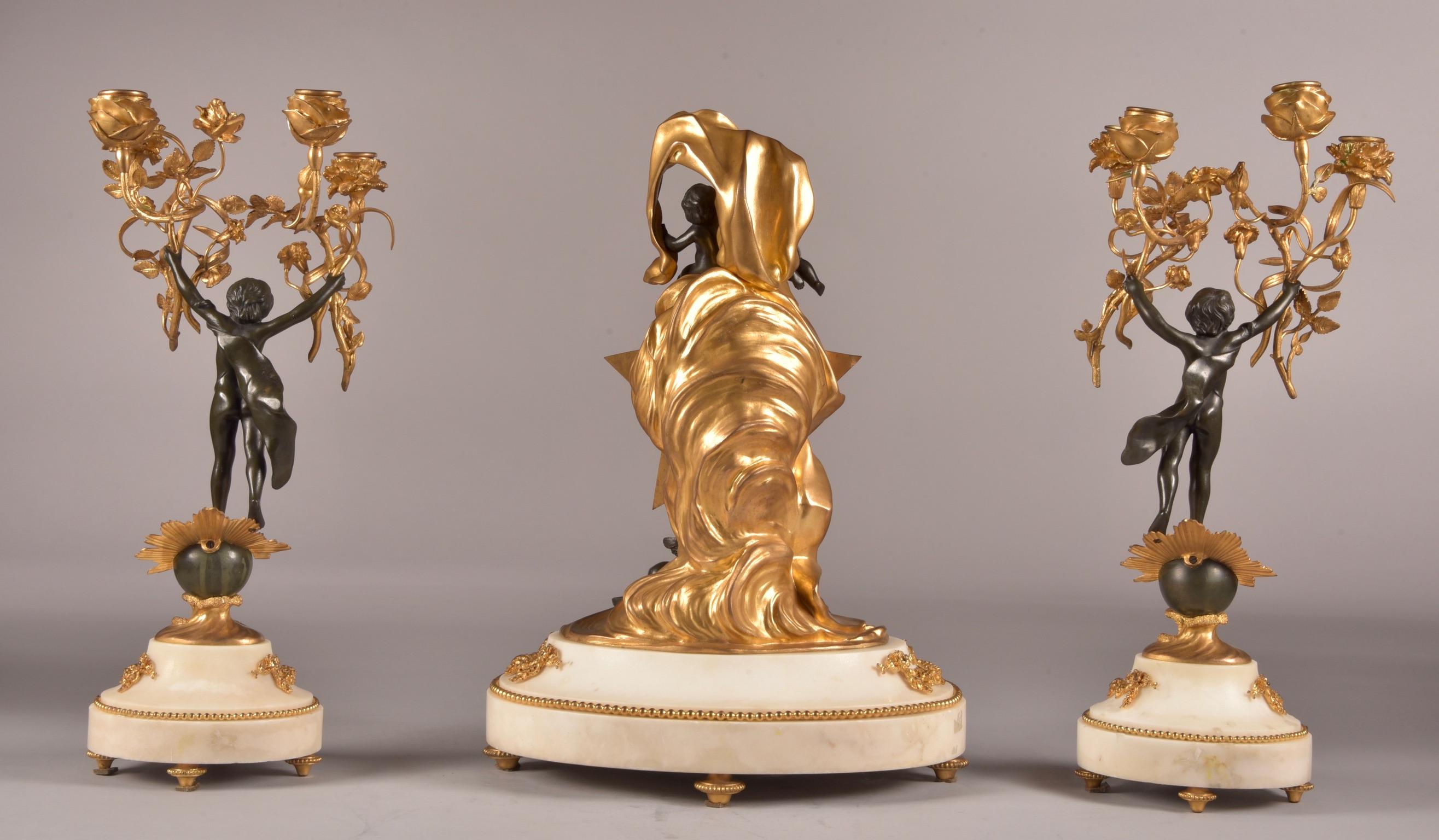 Stylish Cupido Clock Set, Gilt & Patinated Brons and White Marble, Napoleon III For Sale 5