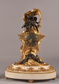 Stylish Cupido Clock Set, Gilt & Patinated Brons and White Marble, Napoleon III