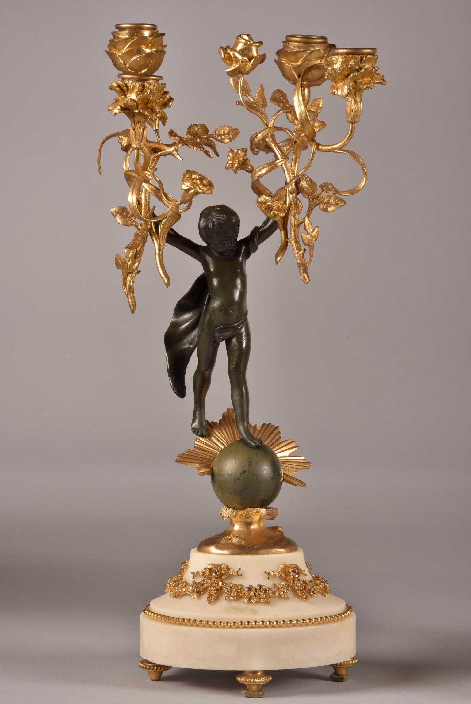 French Stylish Cupido Clock Set, Gilt & Patinated Brons and White Marble, Napoleon III For Sale
