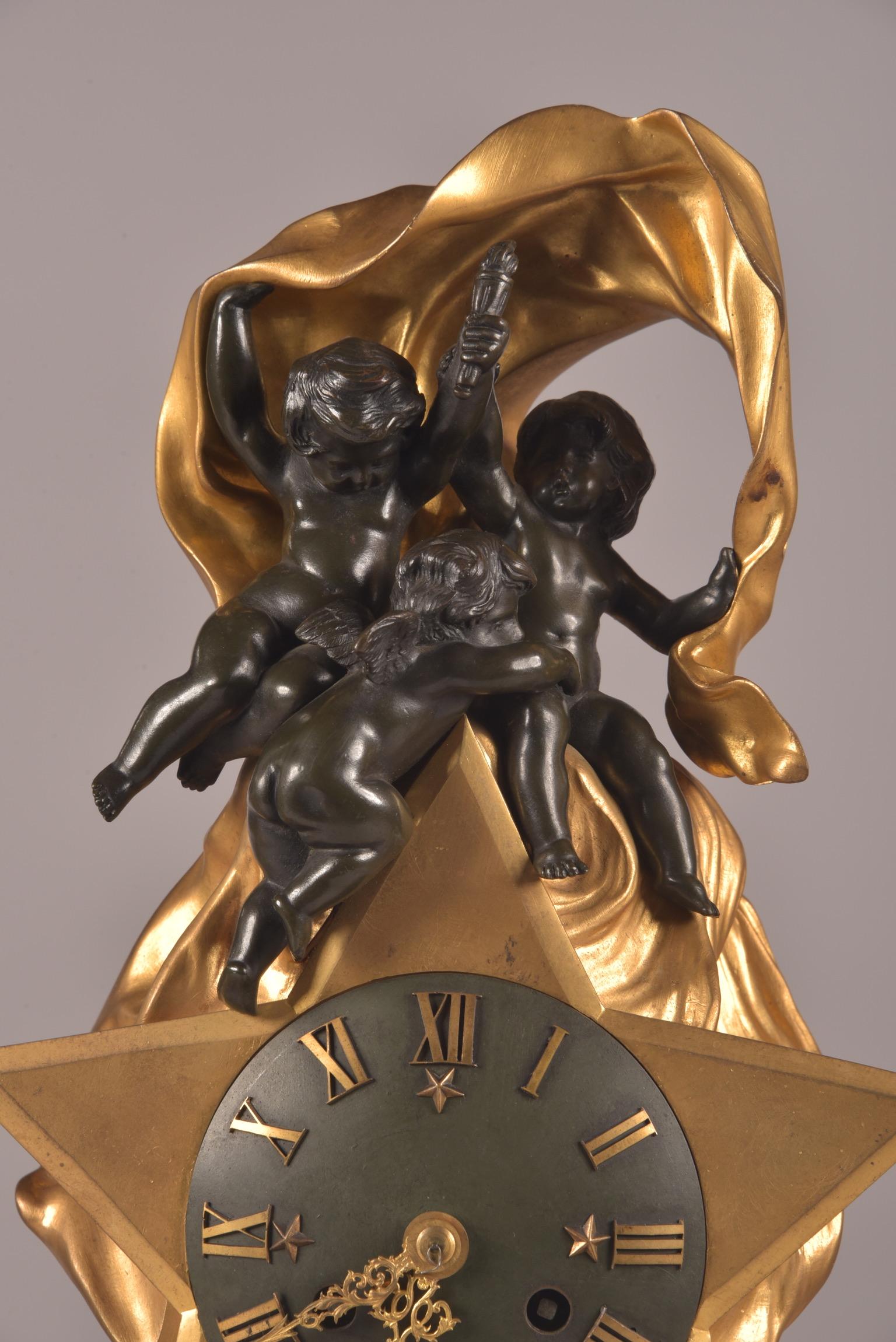 19th Century Stylish Cupido Clock Set, Gilt & Patinated Brons and White Marble, Napoleon III For Sale