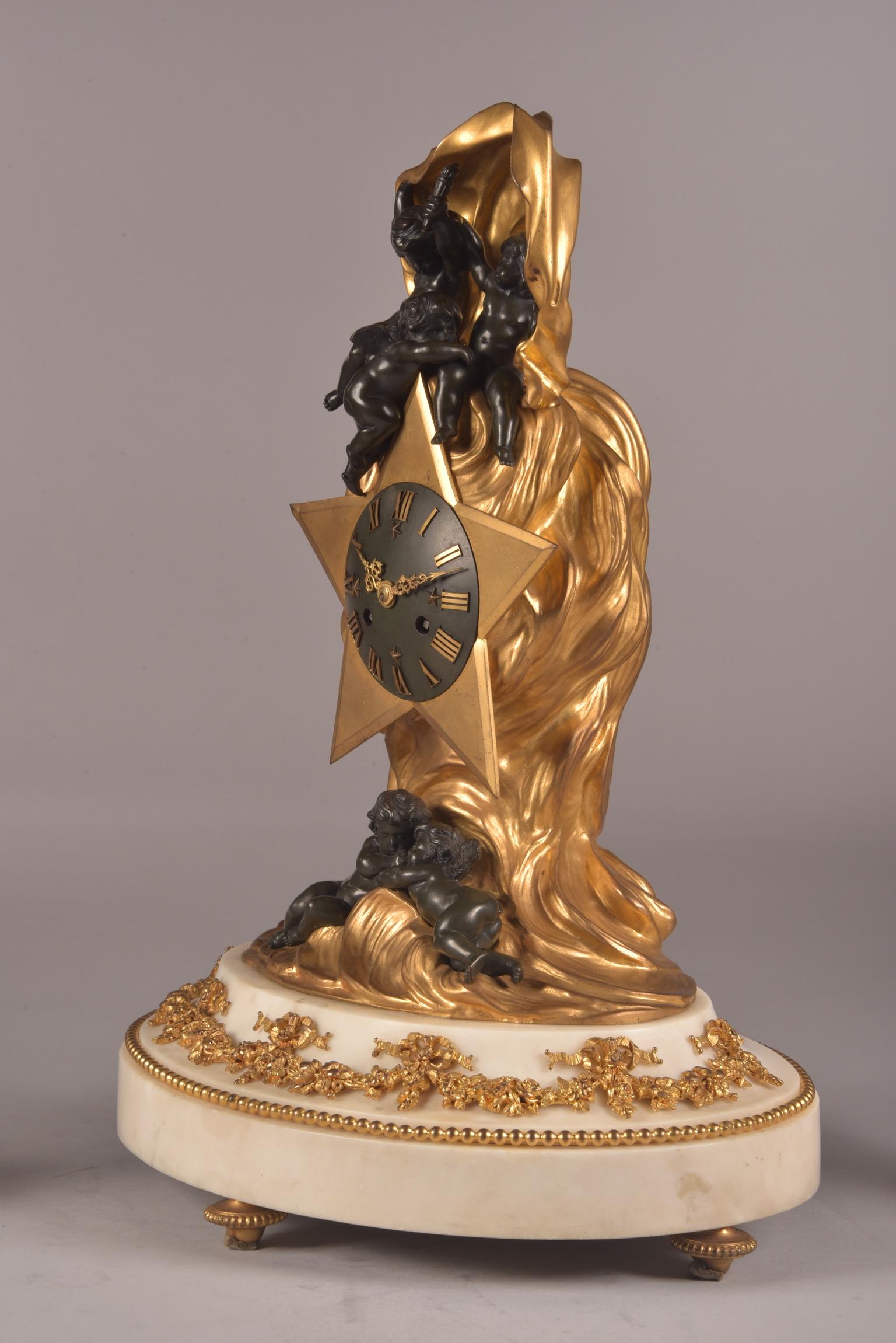 Stylish Cupido Clock Set, Gilt & Patinated Brons and White Marble, Napoleon III For Sale 4