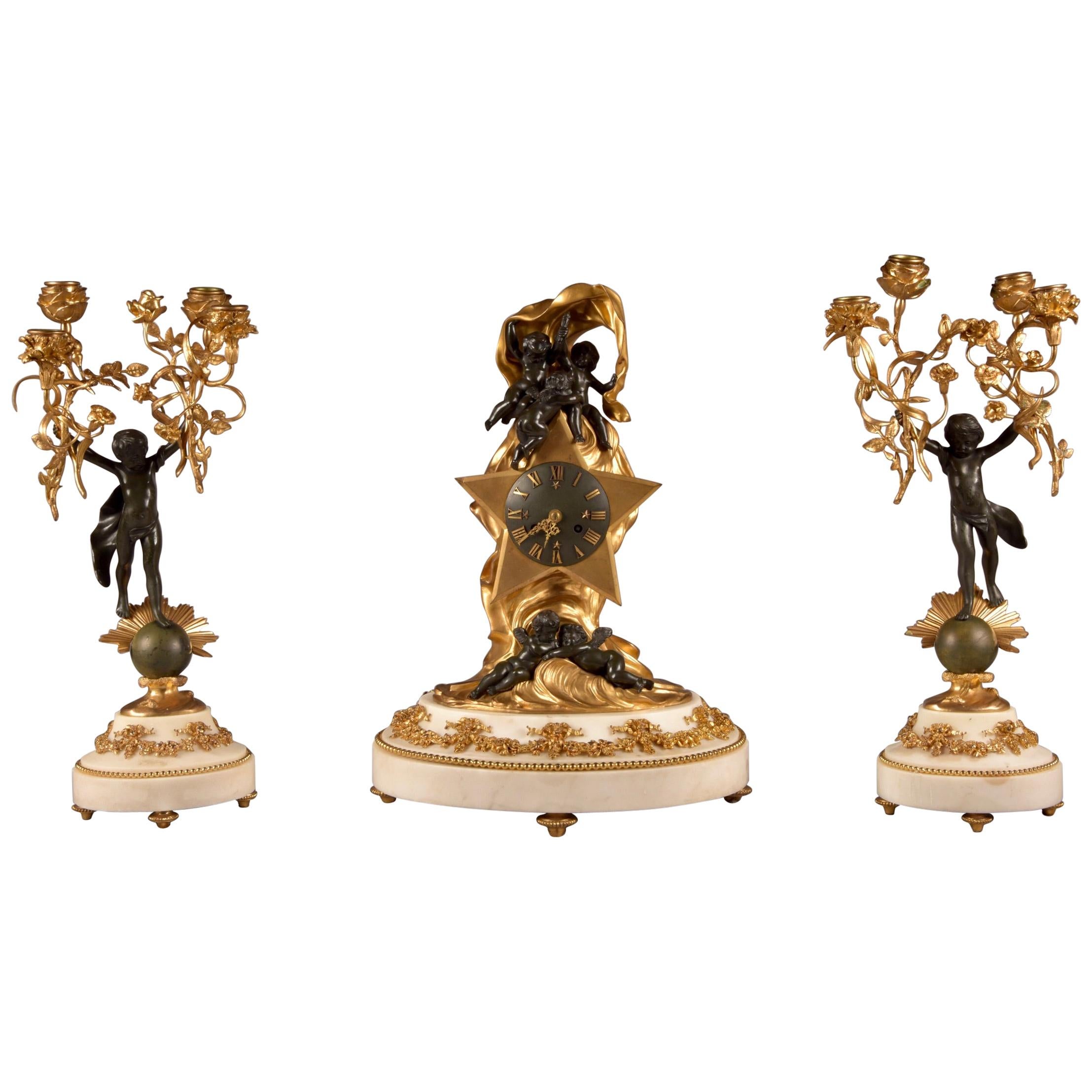 Stylish Cupido Clock Set, Gilt & Patinated Brons and White Marble, Napoleon III For Sale
