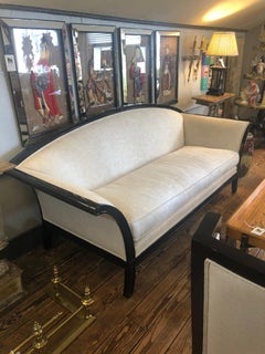 Stylish Curvy Backed Black Laquer Sofa with Linen Upholstery