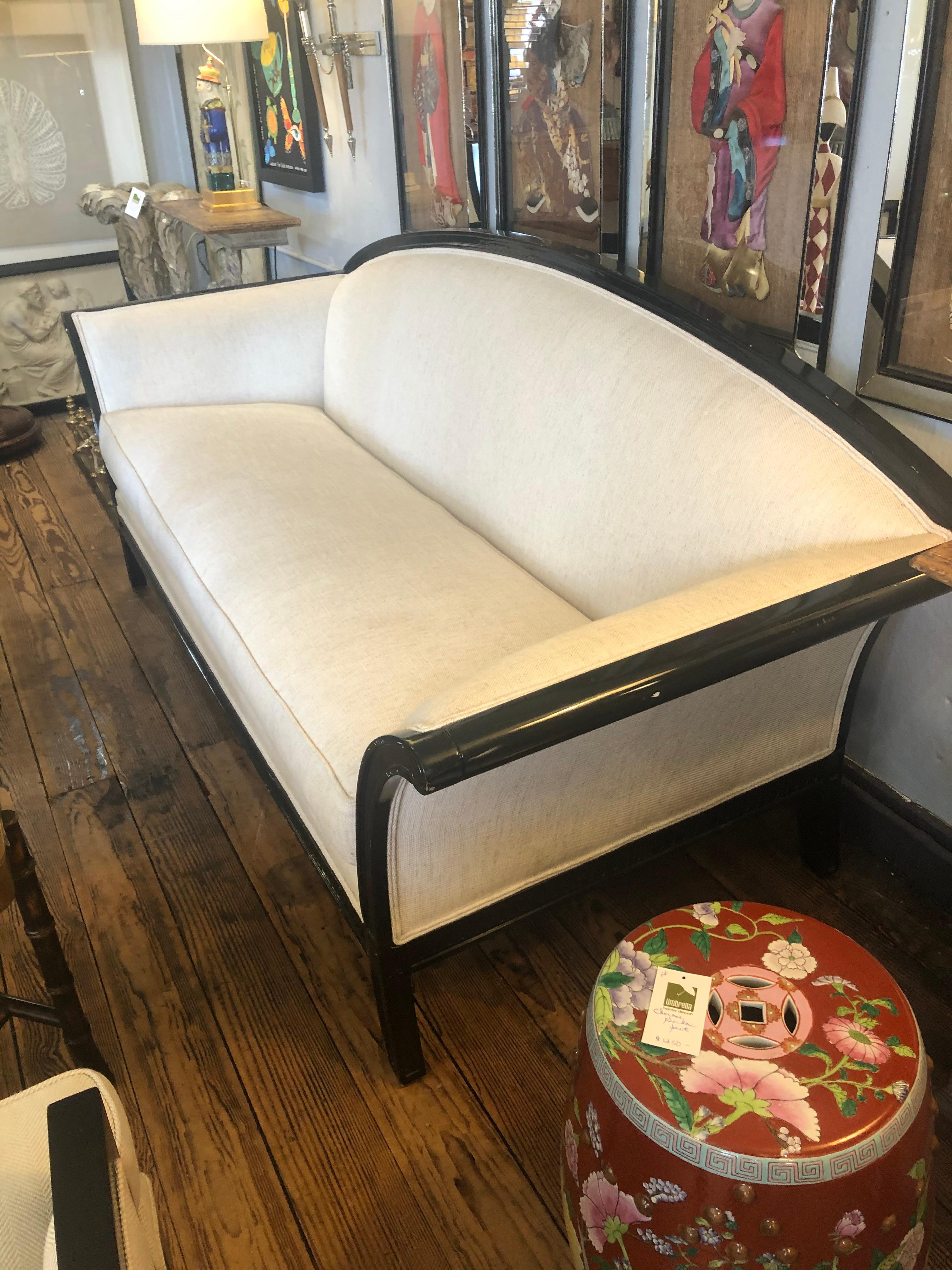 American Stylish Curvy Backed Black Laquer Sofa with Linen Upholstery