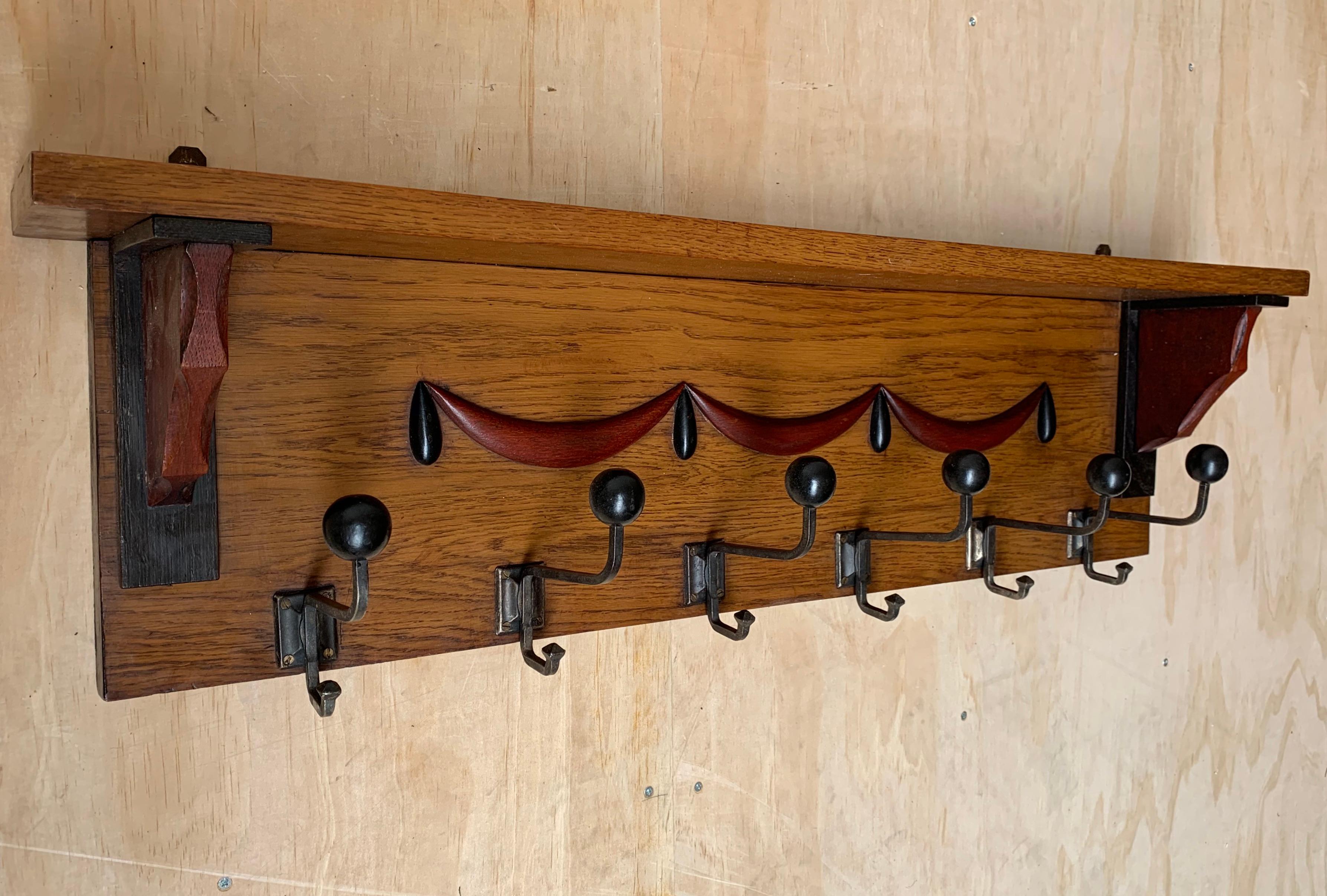 Stylish Design Arts & Crafts Hand Carved and Painted Wall Coat Rack, circa 1915 1