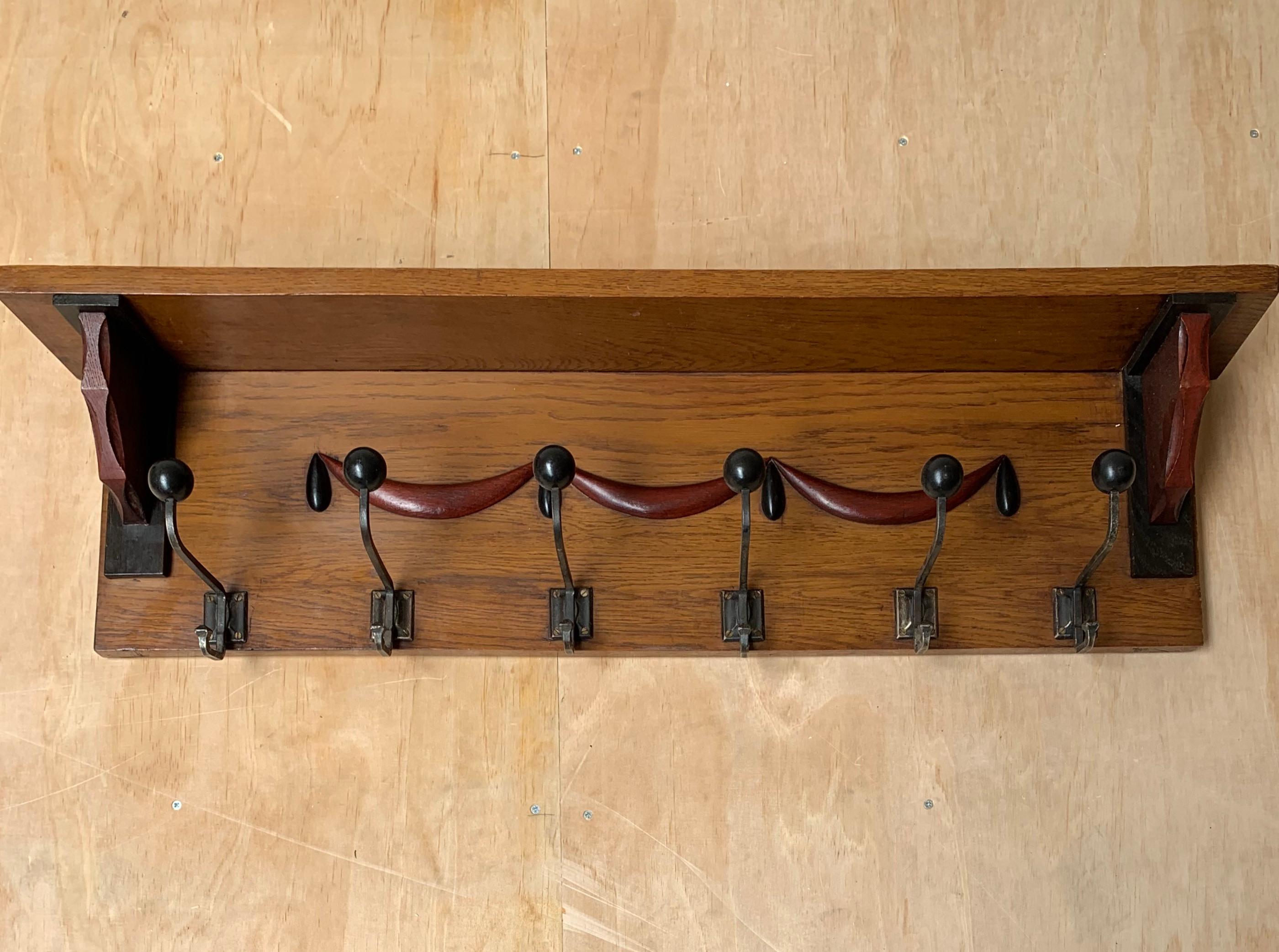 Stylish Design Arts & Crafts Hand Carved and Painted Wall Coat Rack, circa 1915 2