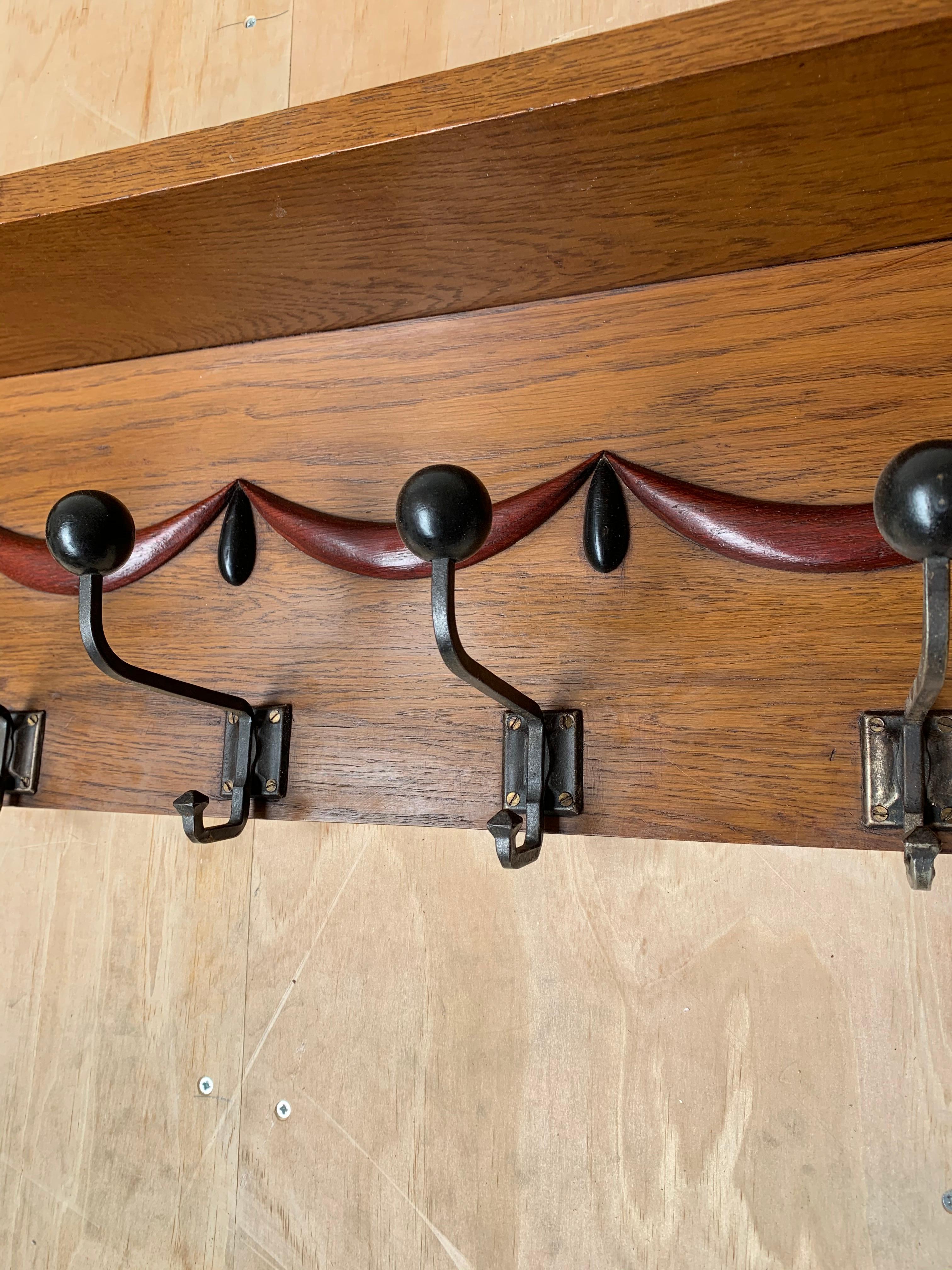 Stylish Design Arts & Crafts Hand Carved and Painted Wall Coat Rack, circa 1915 4