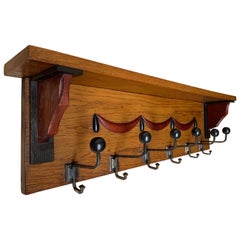 Stylish Design Arts & Crafts Hand Carved and Painted Wall Coat Rack, circa 1915