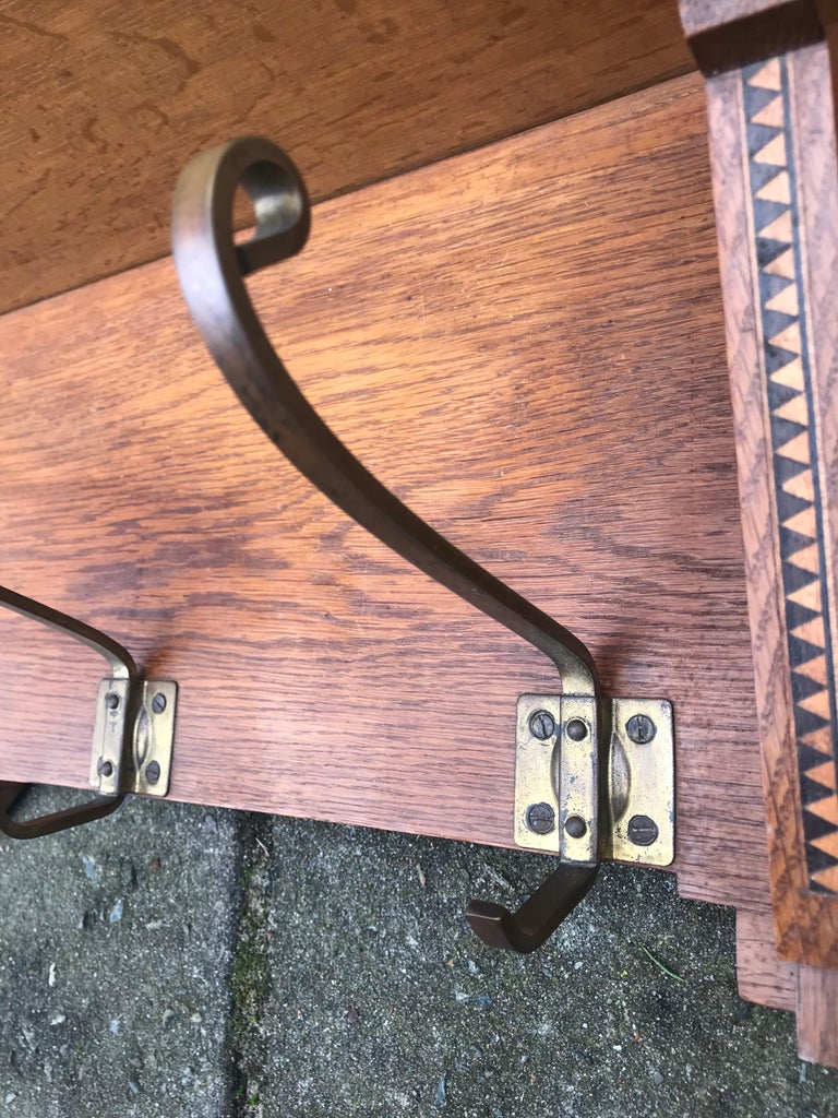 Stylish Design Arts and Crafts Oak Wall Coat Rack with Inlaid Motifs
