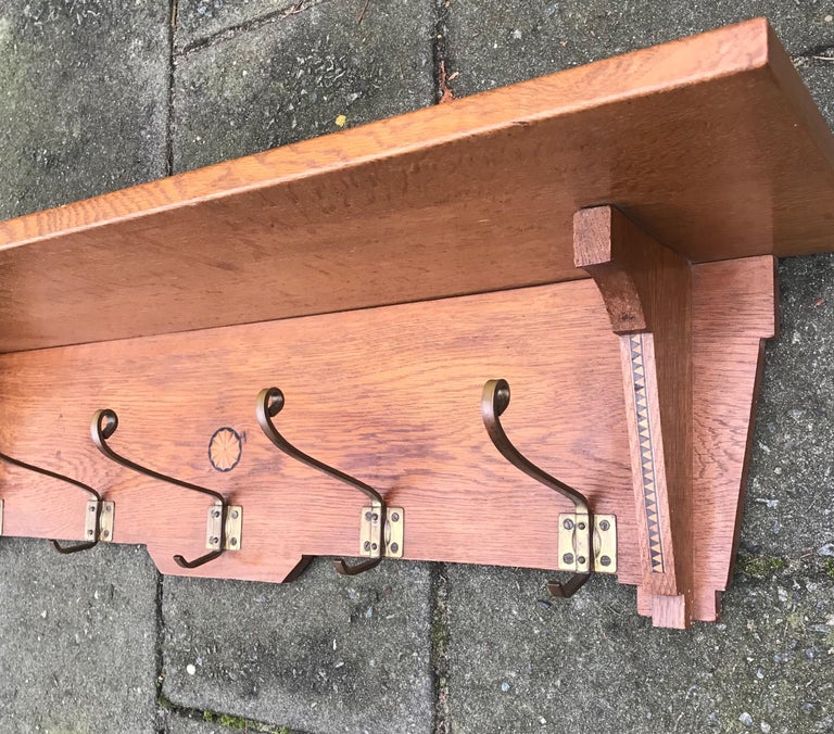 Stylish Design Arts and Crafts Oak Wall Coat Rack with Inlaid Motifs