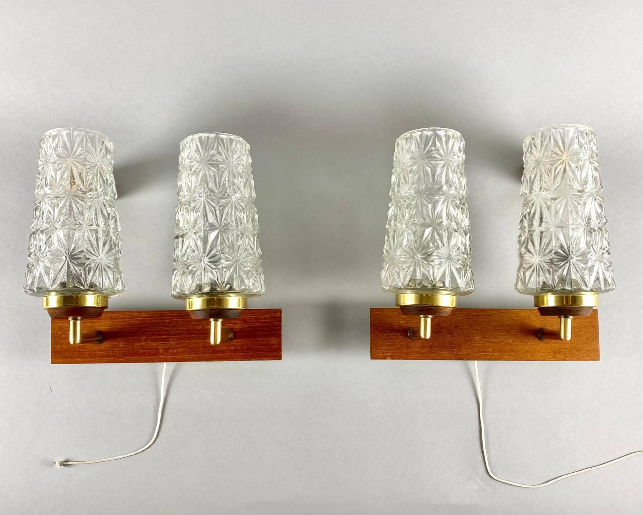 German Stylish Double Arm Wall Lamps Paired Wall Sconces with Glass Shade on Wood For Sale