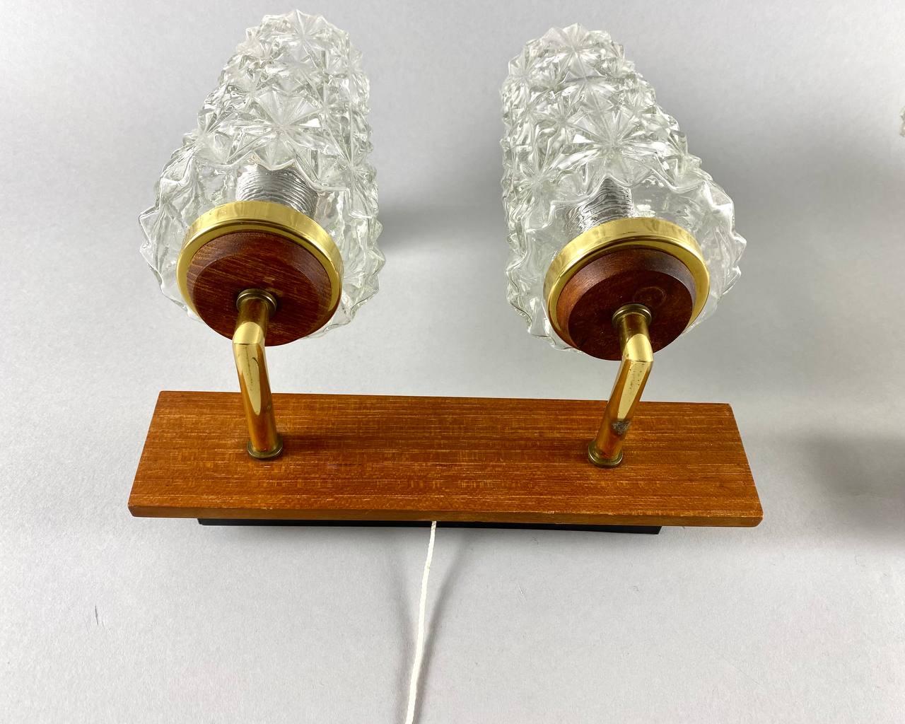 Stylish Double Arm Wall Lamps Paired Wall Sconces with Glass Shade on Wood In Good Condition For Sale In Bastogne, BE