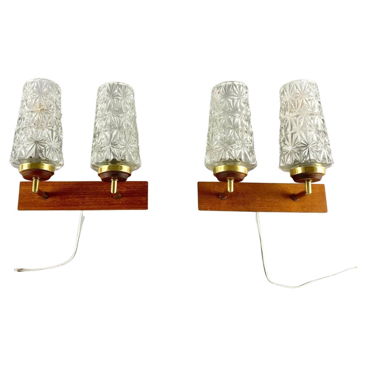 Stylish Double Arm Wall Lamps Paired Wall Sconces with Glass Shade on Wood For Sale