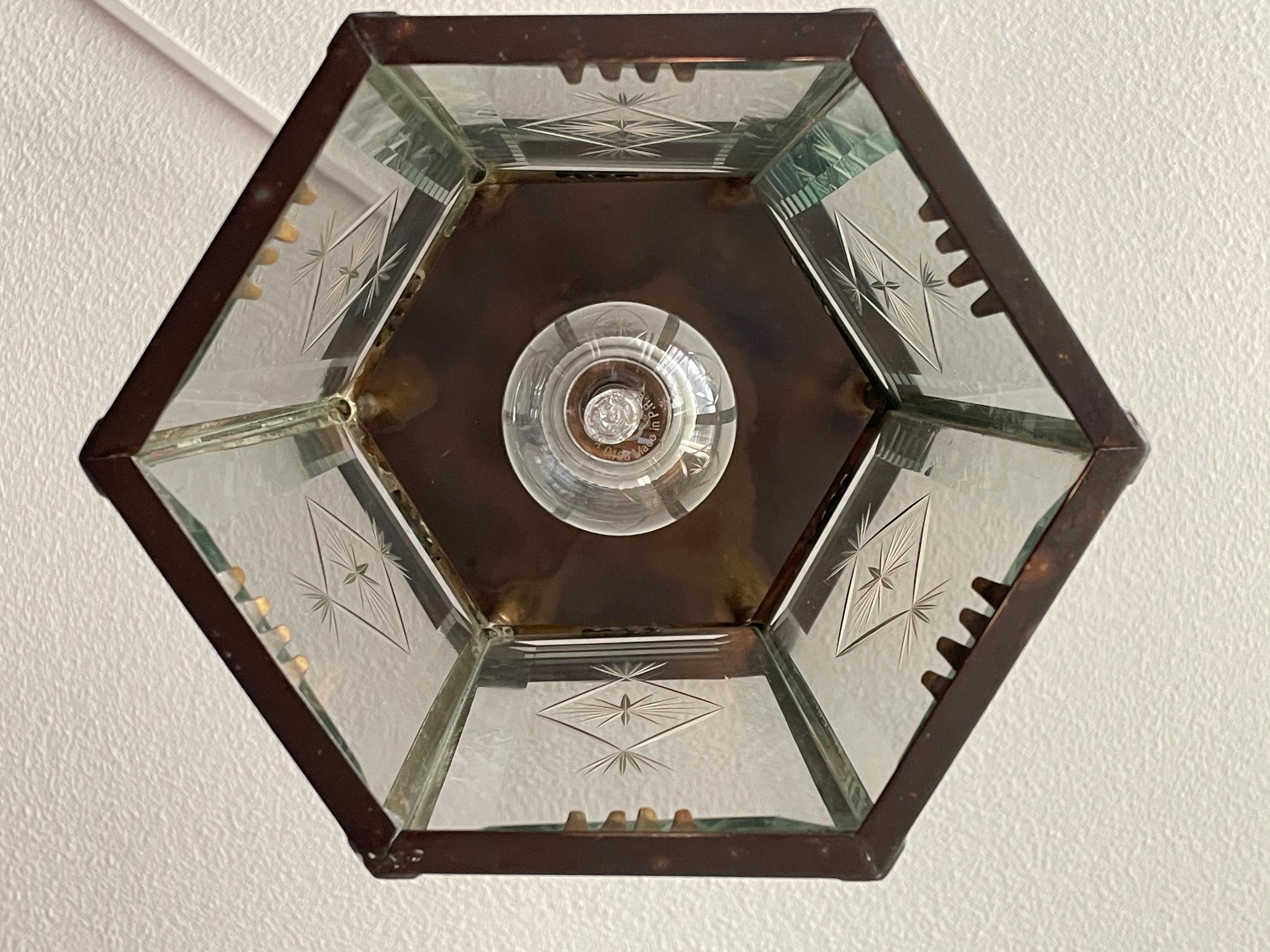 Stylish Dutch Arts & Crafts Brass & Engraved Star Glass Lantern / Pendant Light For Sale 8