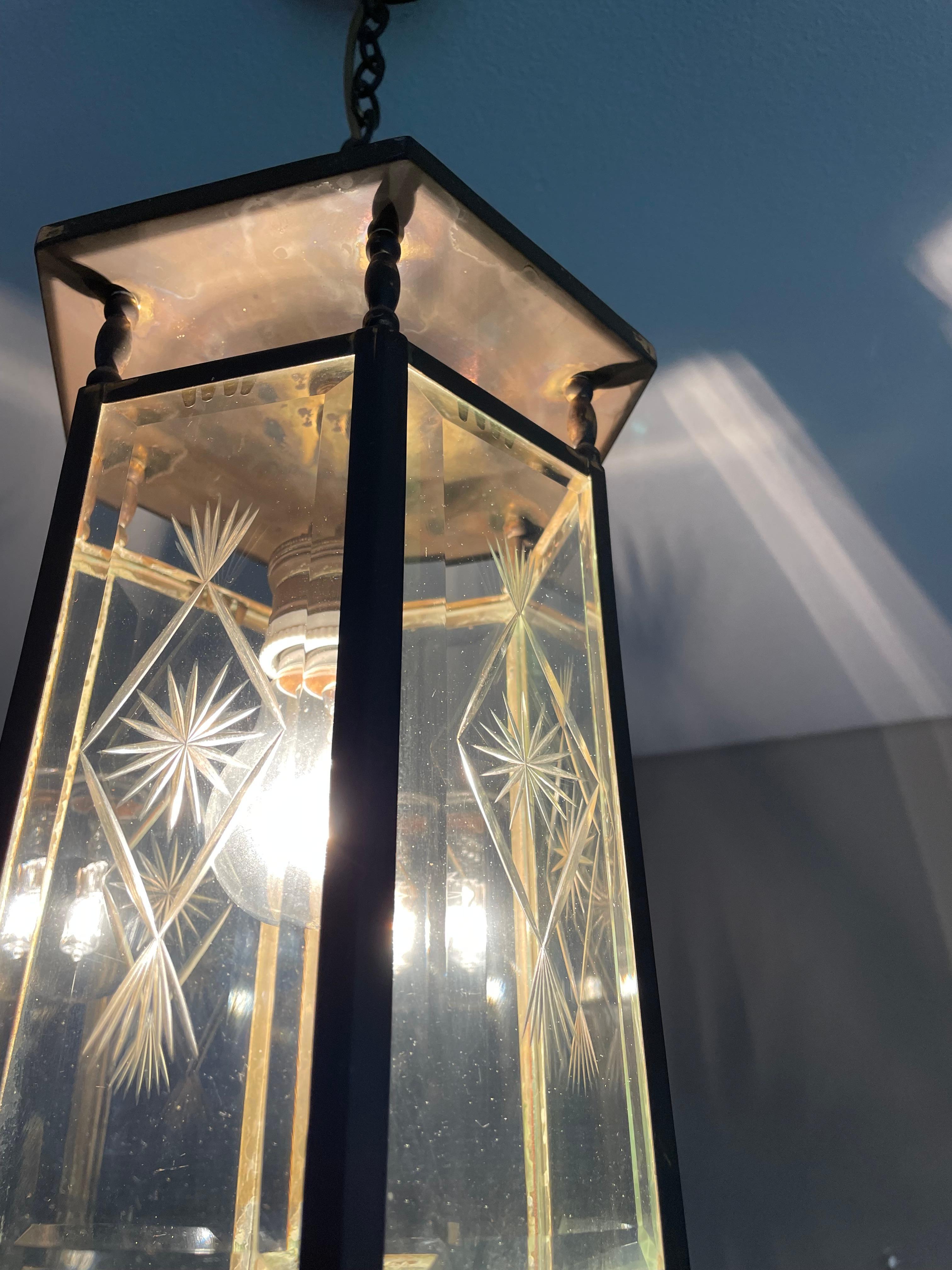 Stylish Dutch Arts & Crafts Brass & Engraved Star Glass Lantern / Pendant Light 11