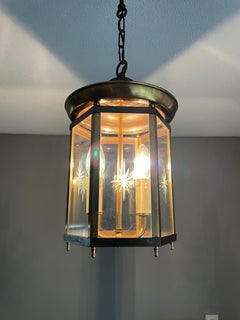 Hohe holländische Arts & Crafts-Laterne/Hängelampe aus Messing und graviertem Sternglas