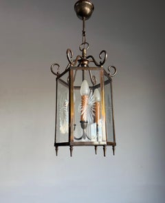 Stylish Dutch Arts & Crafts Brass & Engraved Star Glass Lantern / Pendant Light