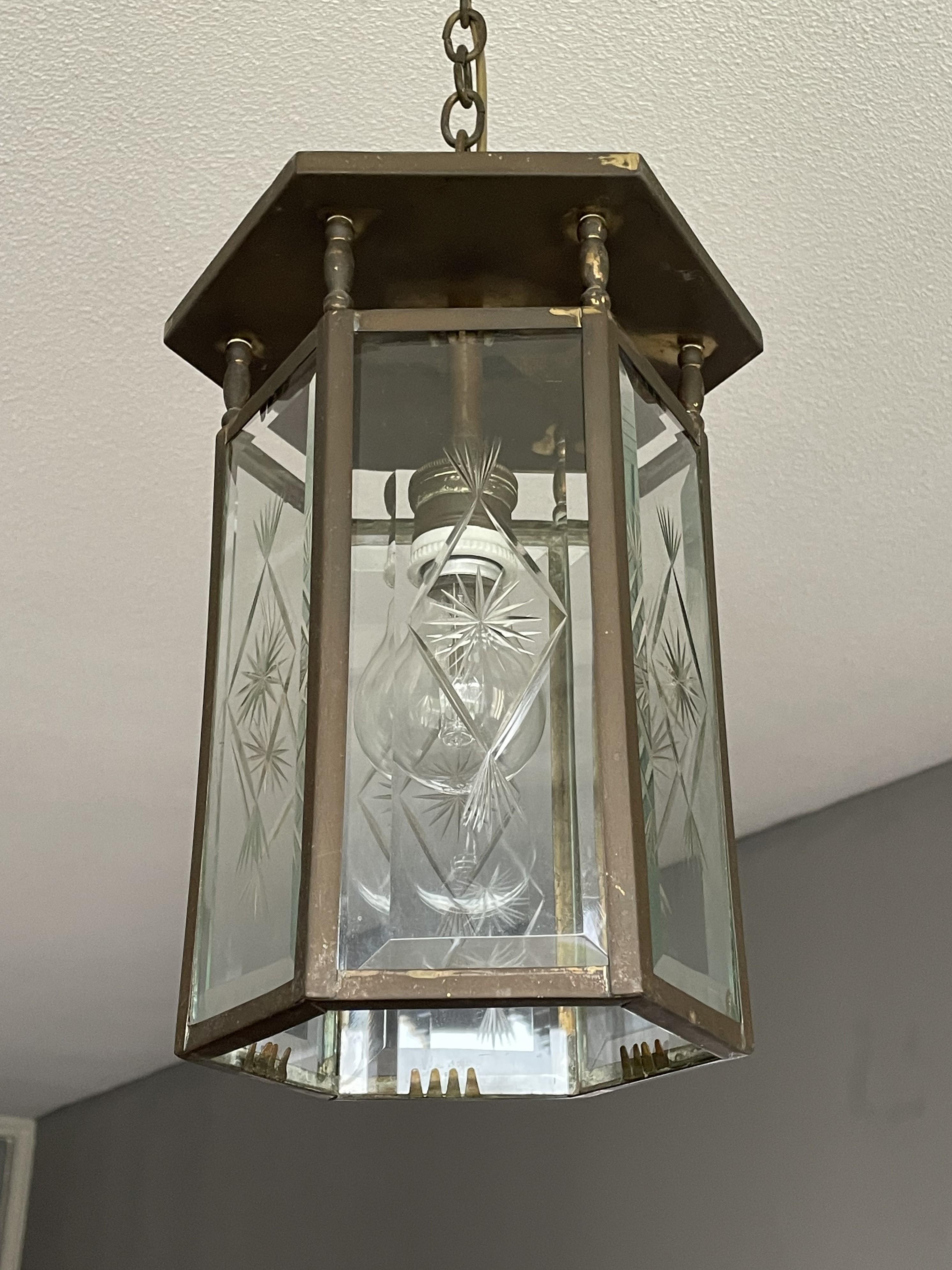 Arts and Crafts Stylish Dutch Arts & Crafts Brass & Engraved Star Glass Lantern / Pendant Light For Sale
