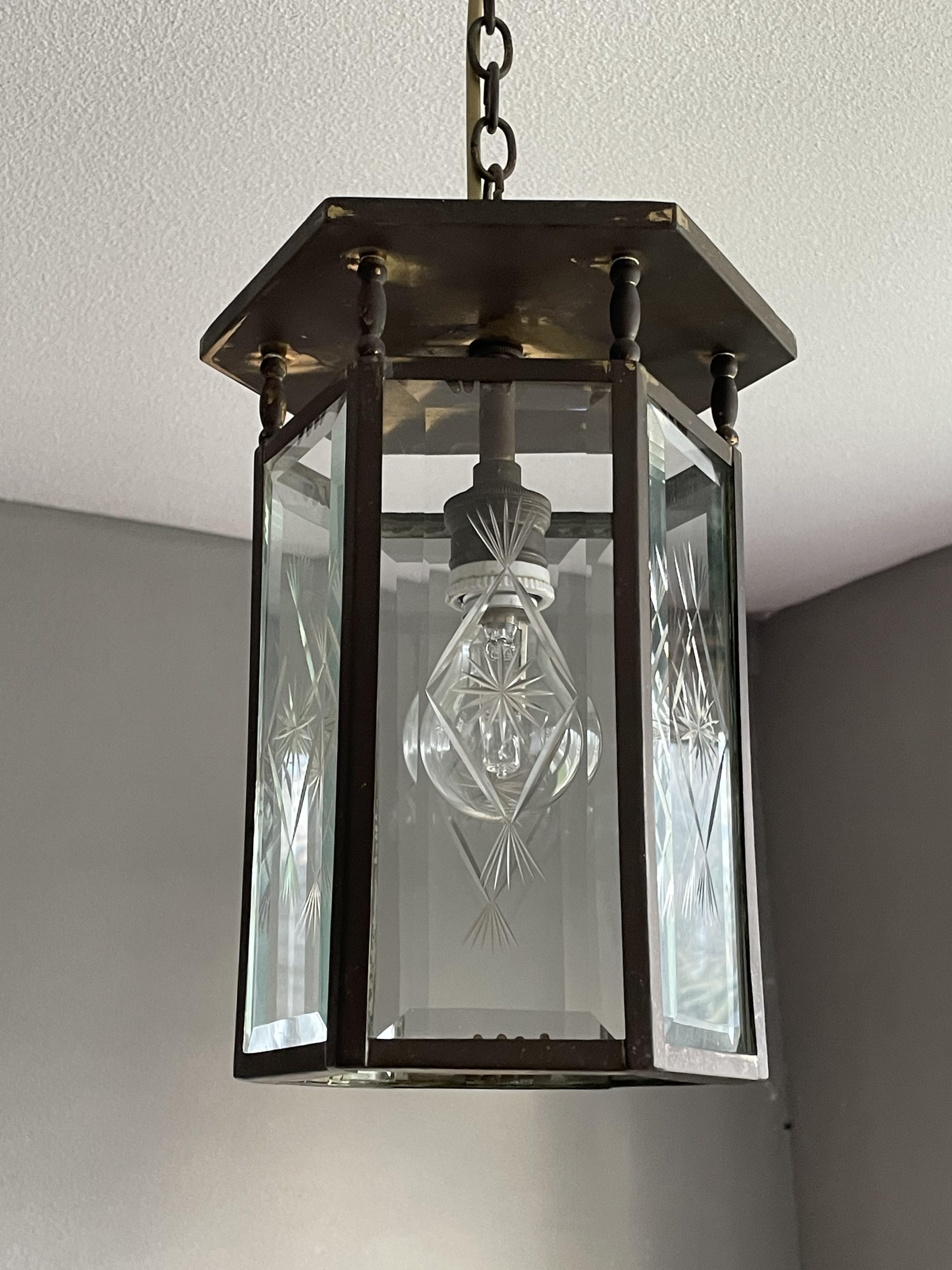 20th Century Stylish Dutch Arts & Crafts Brass & Engraved Star Glass Lantern / Pendant Light For Sale