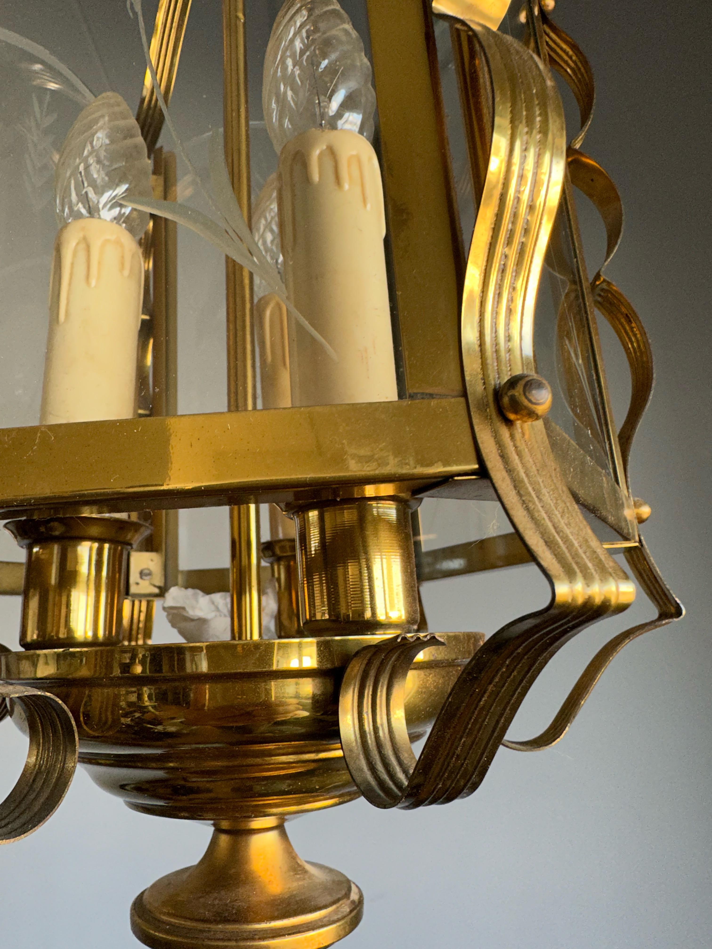 Stylish Design Arts & Crafts Brass, Engraved Glass Lantern Pendant Light Fixture For Sale 5