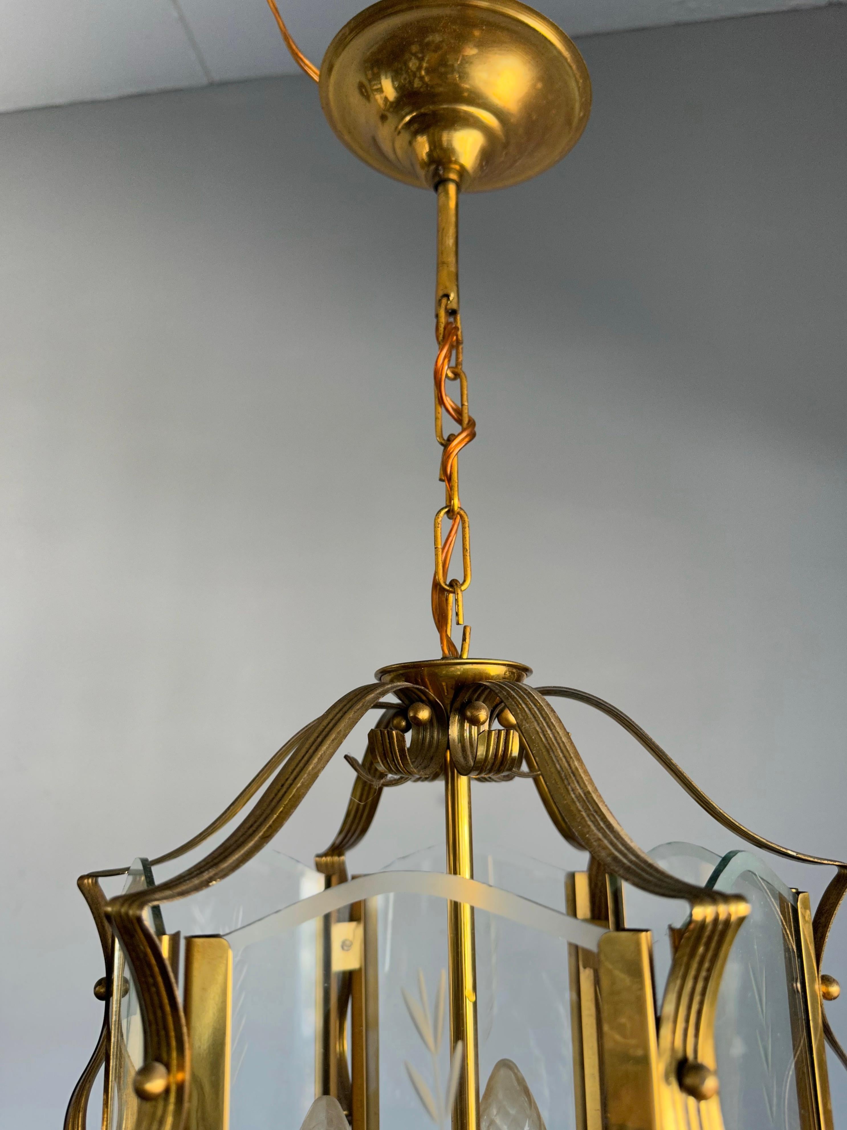 Stylish Design Arts & Crafts Brass, Engraved Glass Lantern Pendant Light Fixture For Sale 6