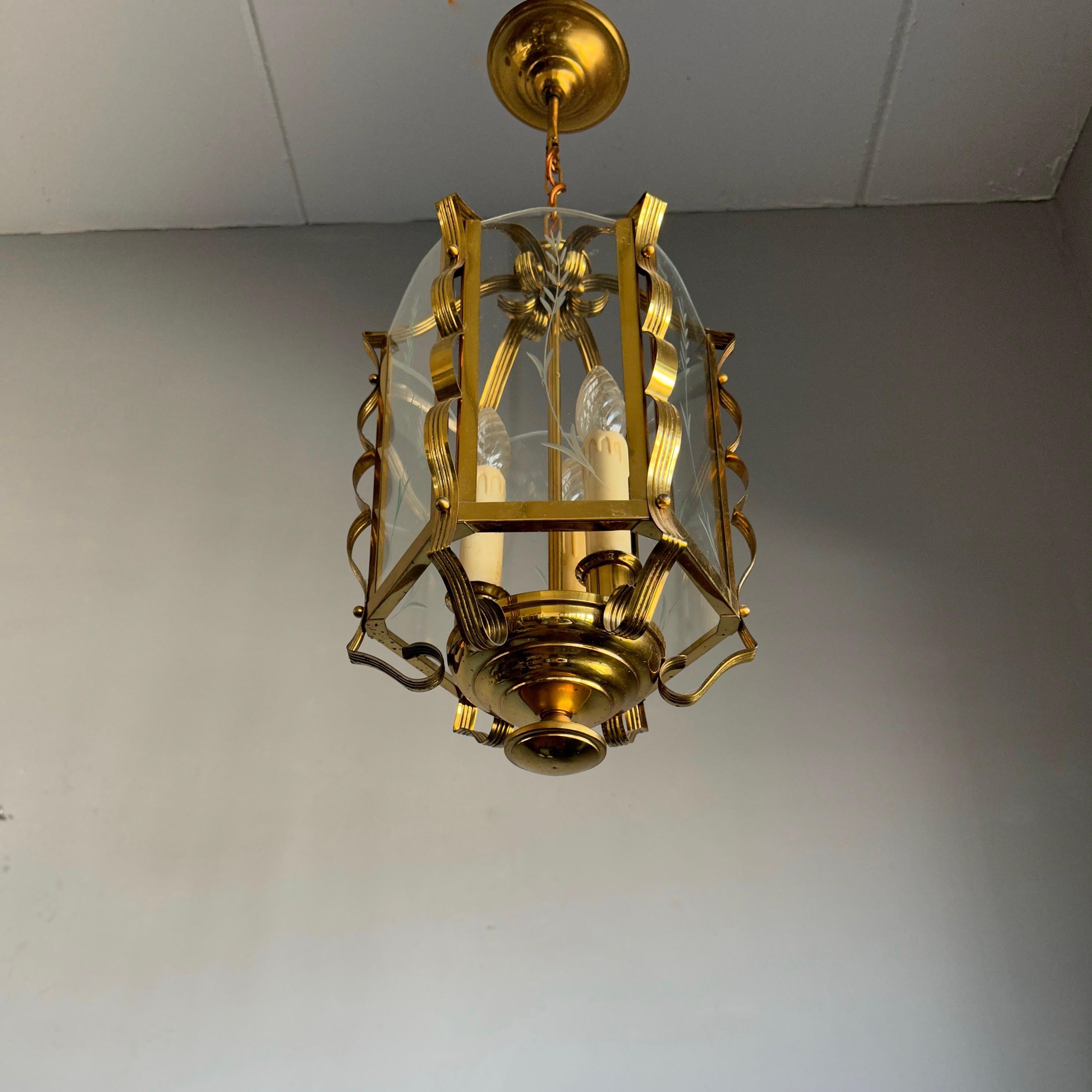 Stylish Design Arts & Crafts Brass, Engraved Glass Lantern Pendant Light Fixture For Sale 7