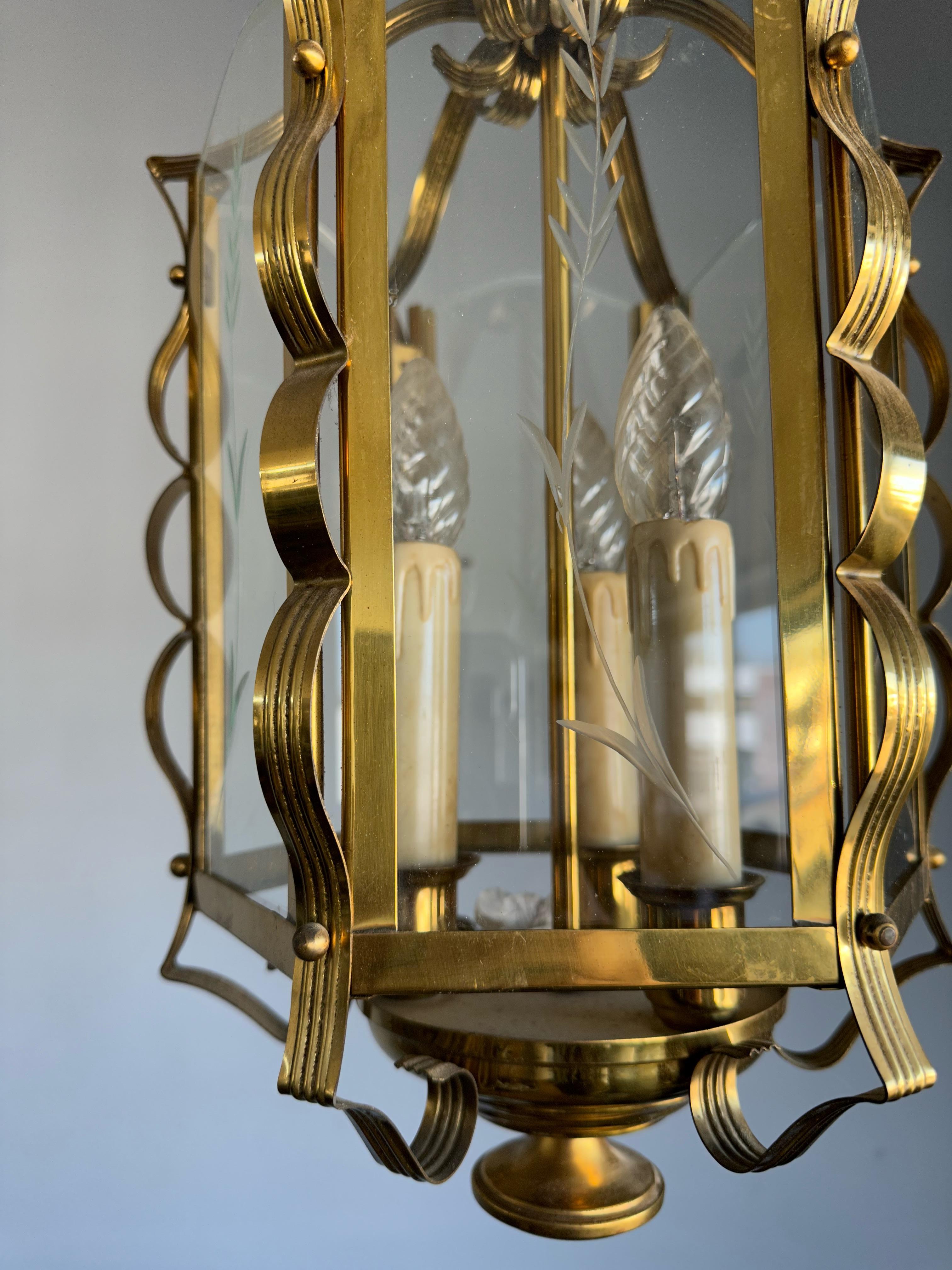 Stylish Design Arts & Crafts Brass, Engraved Glass Lantern Pendant Light Fixture For Sale 8