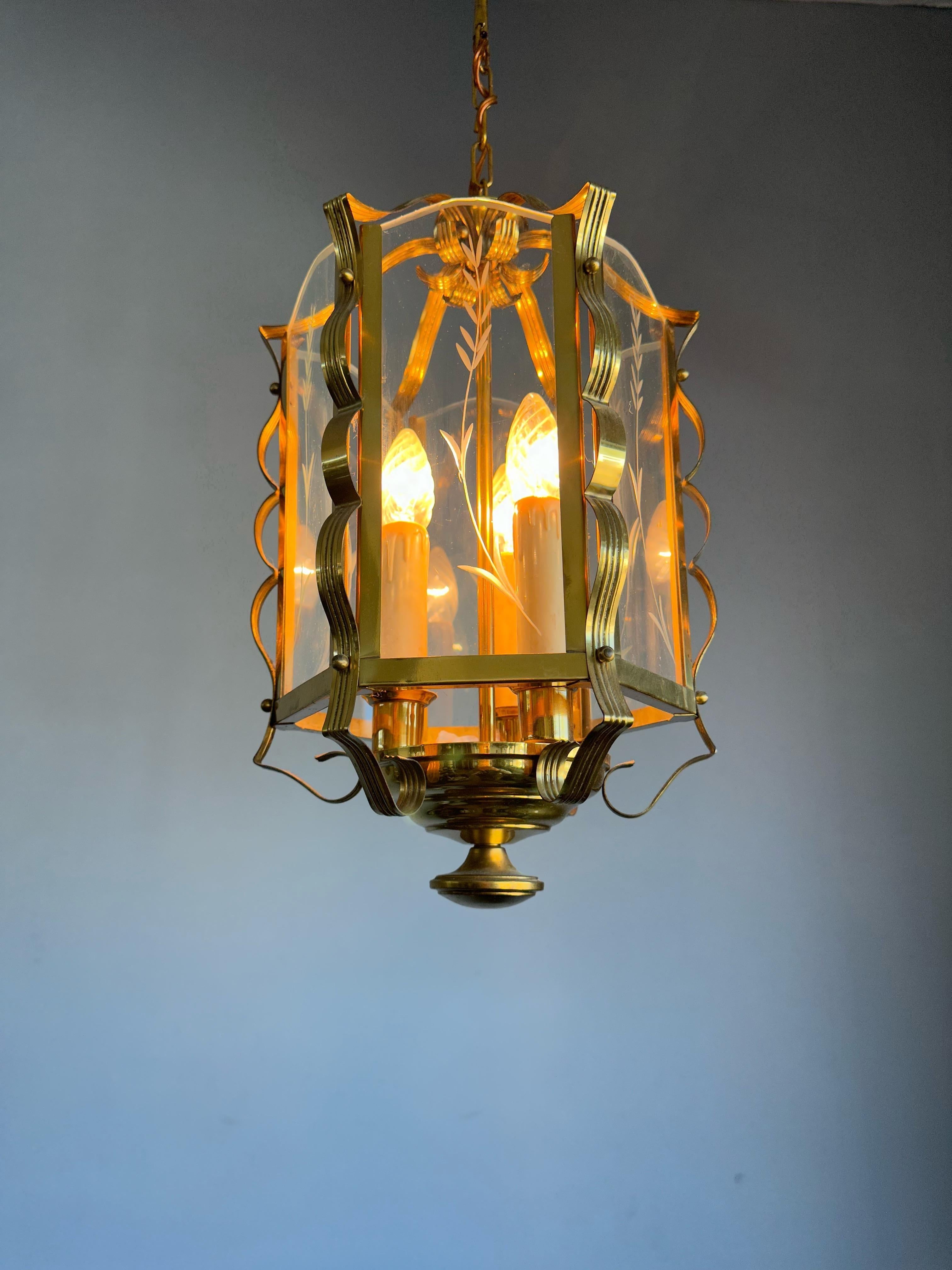 Stylish Design Arts & Crafts Brass, Engraved Glass Lantern Pendant Light Fixture For Sale 11