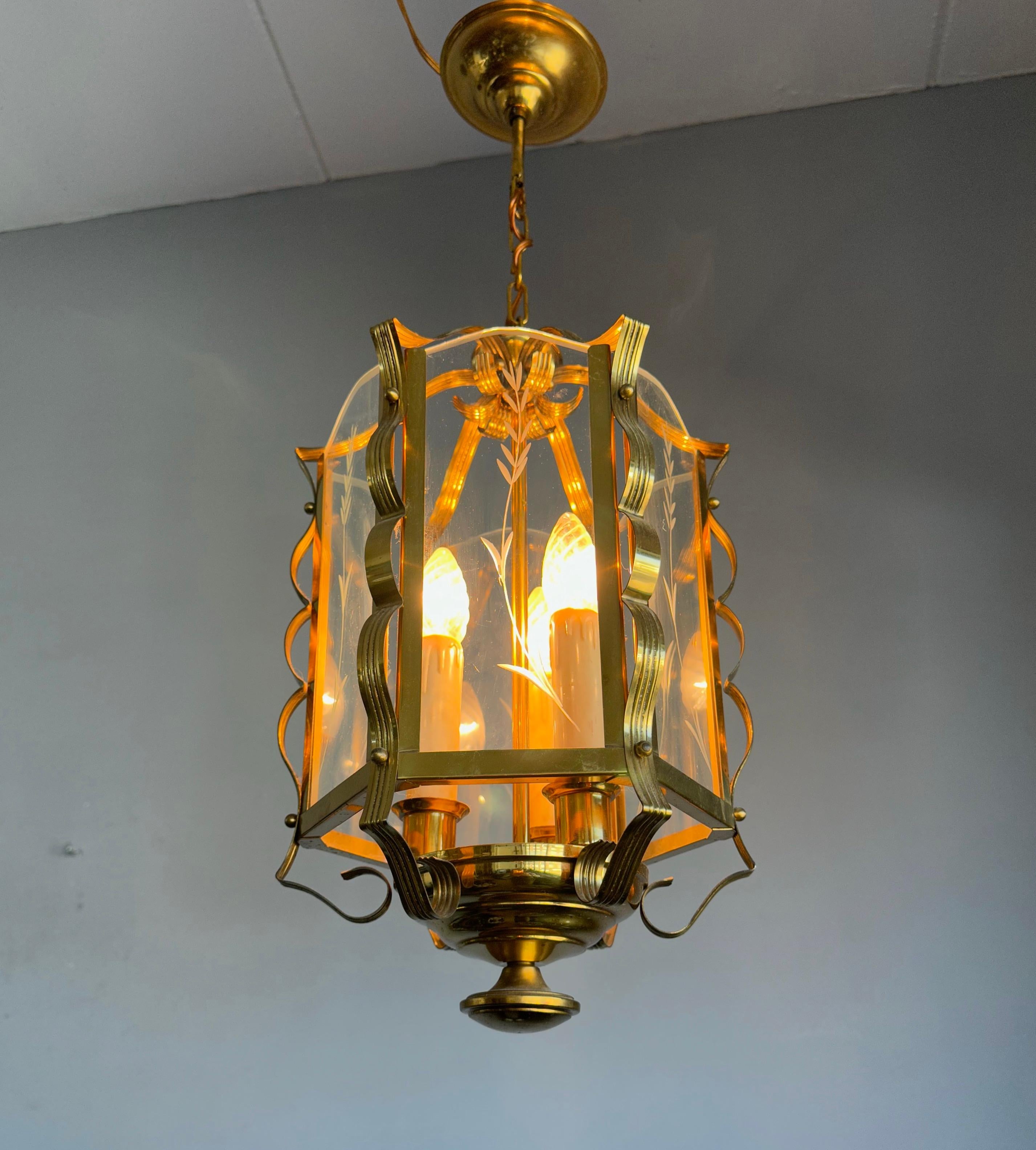 Stylish Design Arts & Crafts Brass, Engraved Glass Lantern Pendant Light Fixture For Sale 12