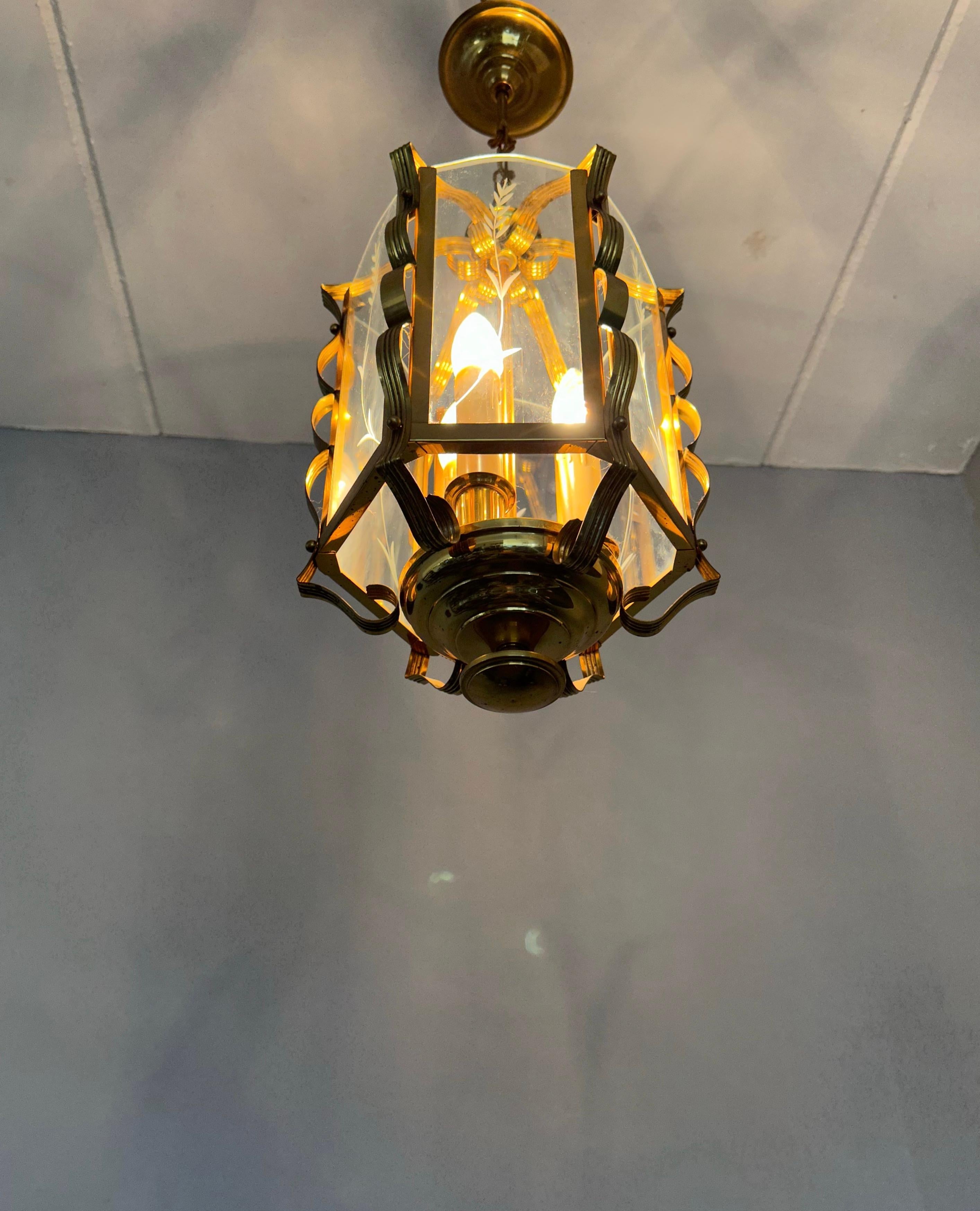 Cast Stylish Design Arts & Crafts Brass, Engraved Glass Lantern Pendant Light Fixture For Sale