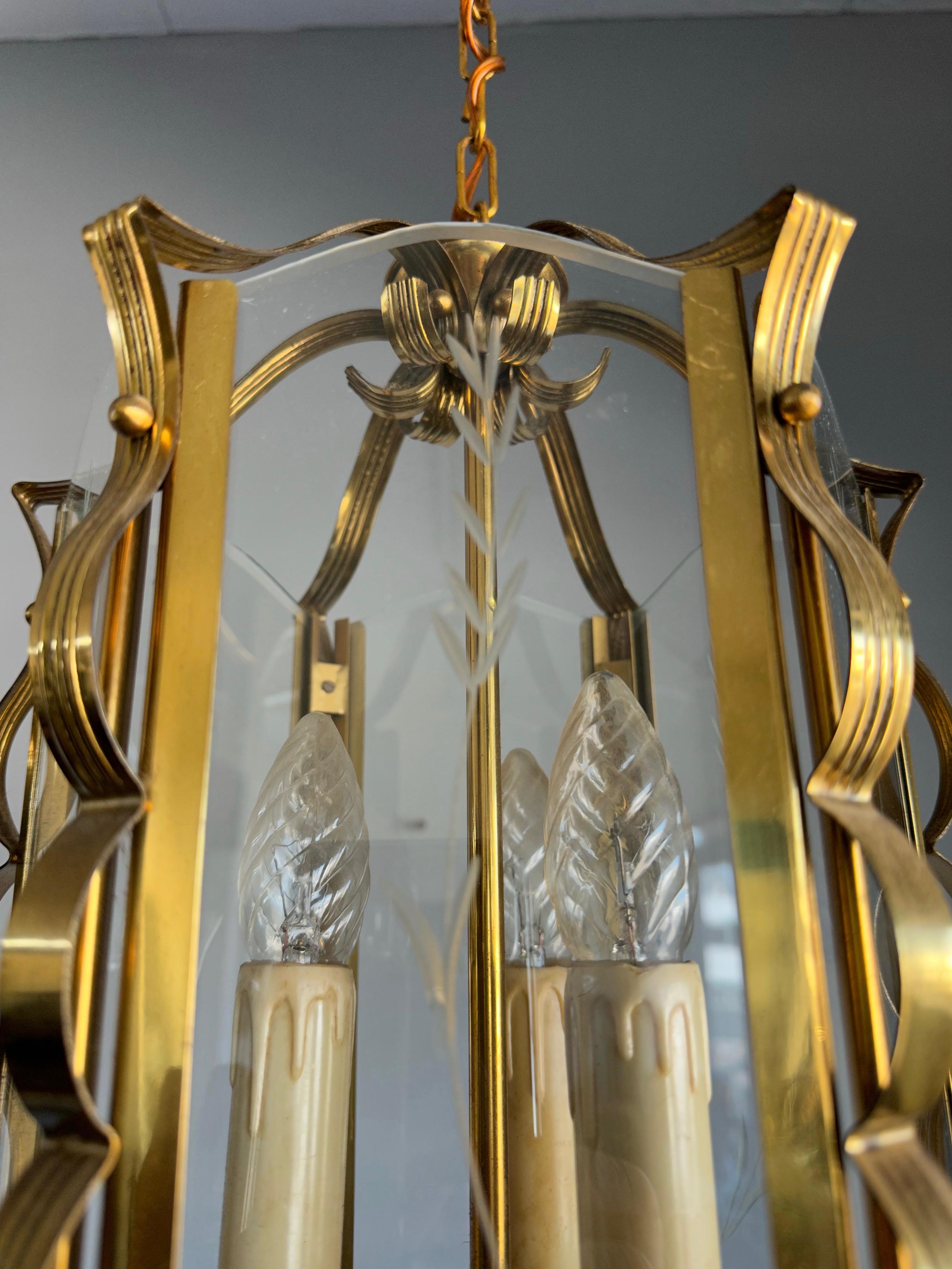 20th Century Stylish Design Arts & Crafts Brass, Engraved Glass Lantern Pendant Light Fixture For Sale