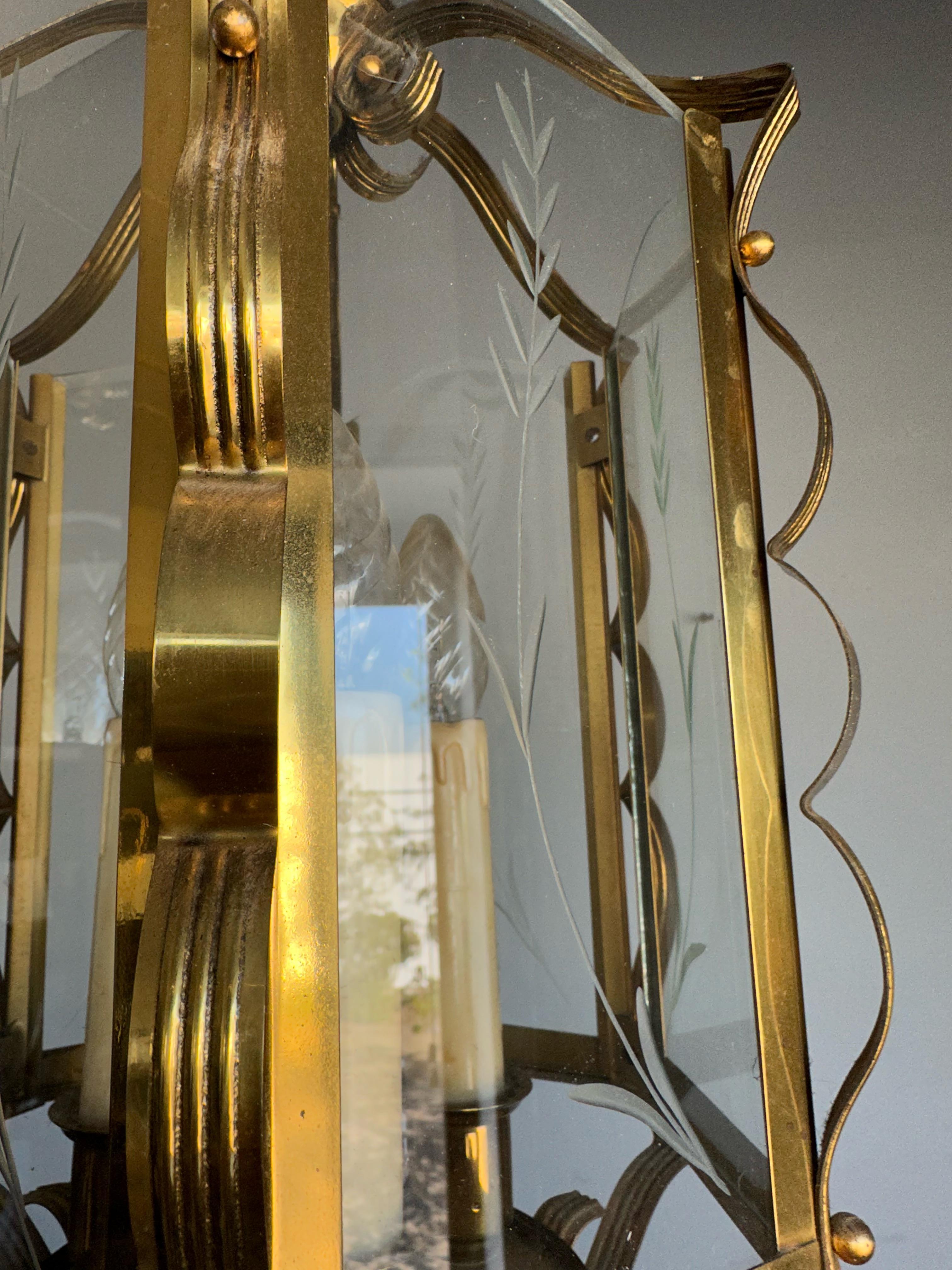 Stylish Design Arts & Crafts Brass, Engraved Glass Lantern Pendant Light Fixture For Sale 1