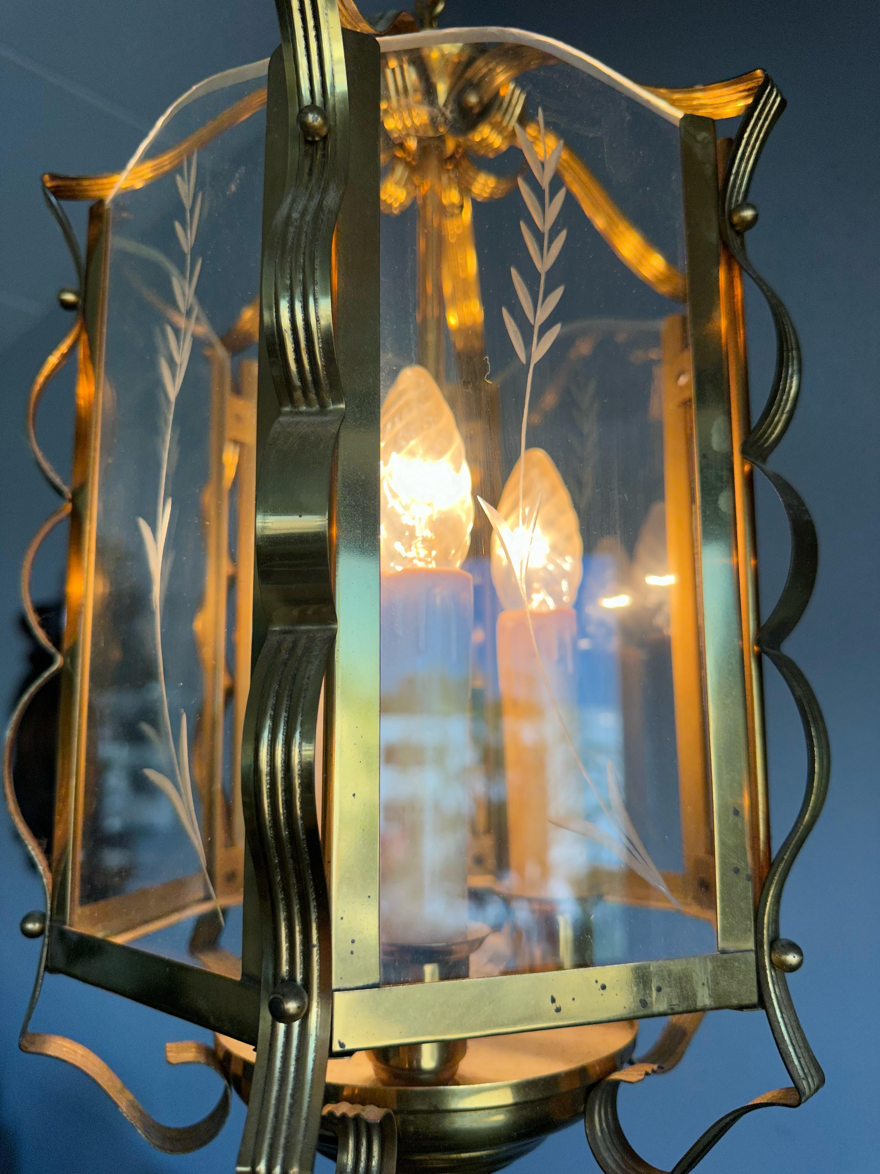 Stylish Design Arts & Crafts Brass, Engraved Glass Lantern Pendant Light Fixture For Sale 2
